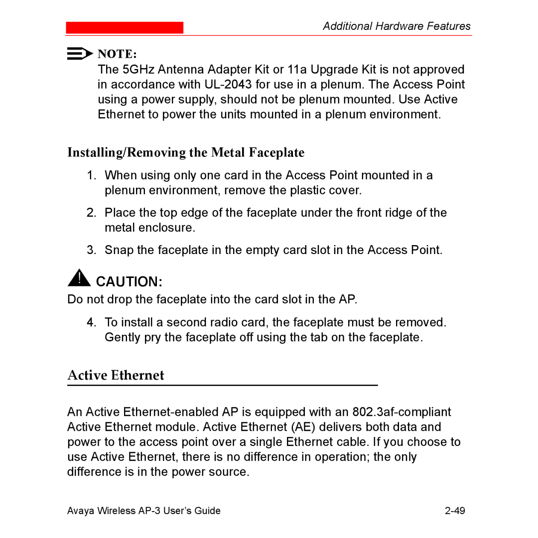 Avaya Wireless AP-3 manual Installing/Removing the Metal Faceplate, Active Ethernet 