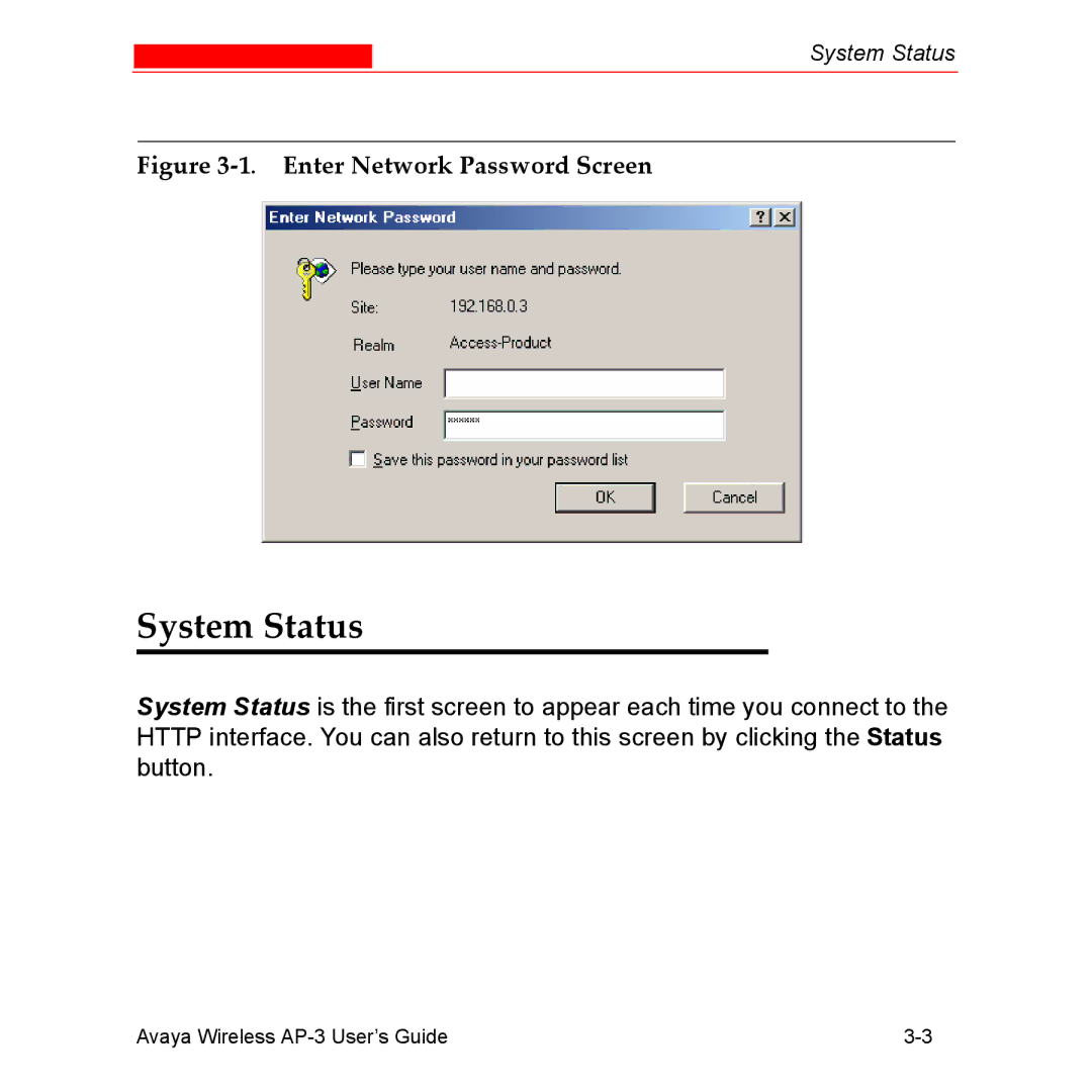 Avaya Wireless AP-3 manual System Status, Enter Network Password Screen 