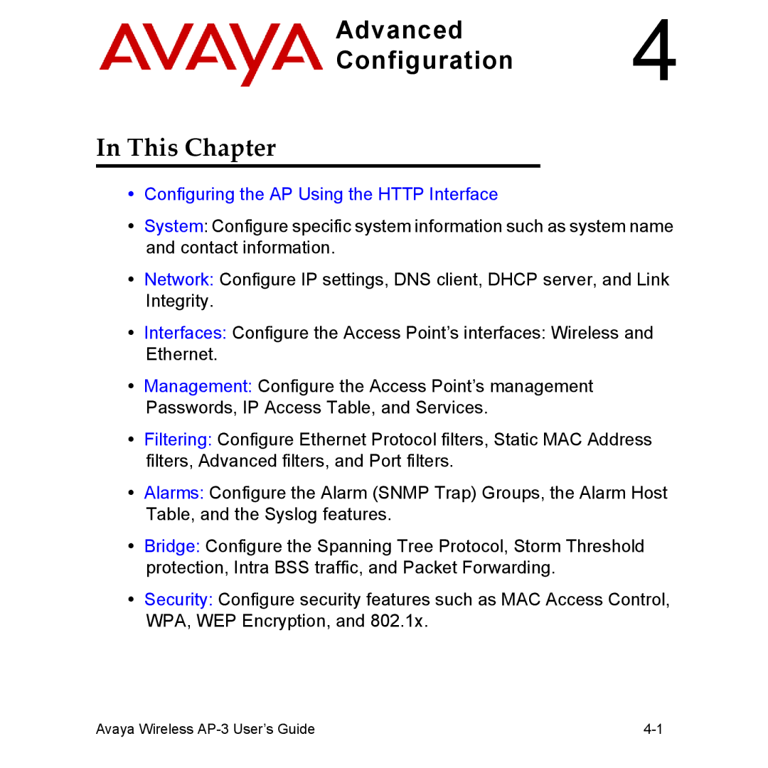 Avaya Wireless AP-3 manual Advanced4 Configuration 