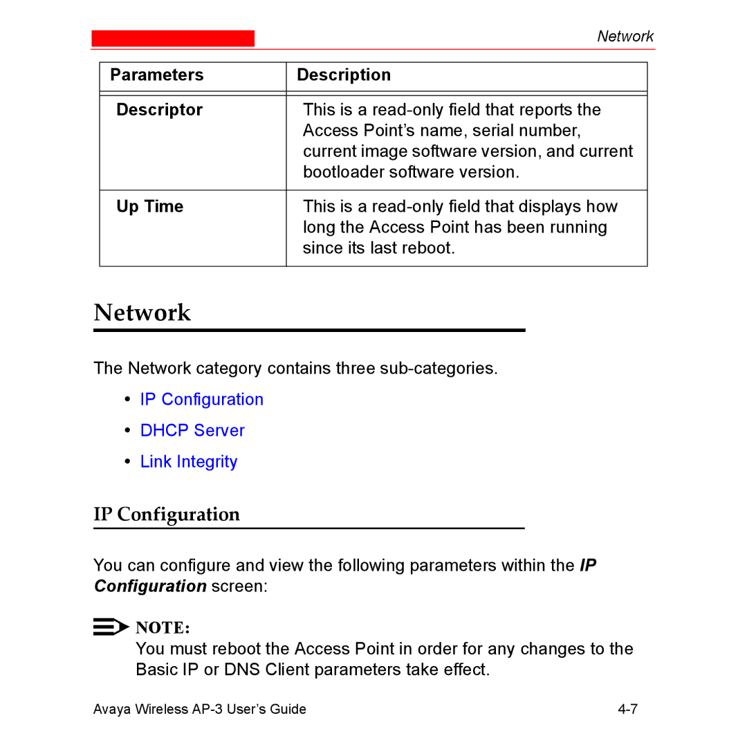 Avaya Wireless AP-3 manual Network, IP Configuration, Parameters Description Descriptor, Up Time 