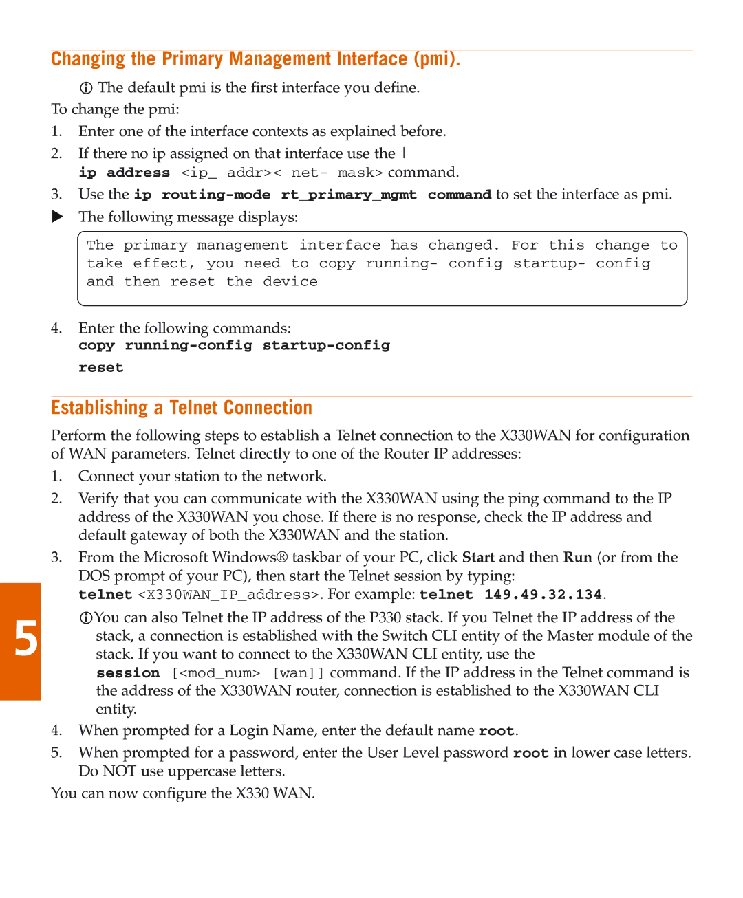 Avaya X330W-2DS1 quick start Changing the Primary Management Interface pmi, Establishing a Telnet Connection 