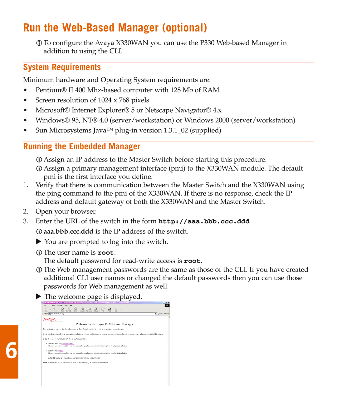 Avaya X330W-2DS1 quick start Run the Web-Based Manager optional, System Requirements, Running the Embedded Manager 