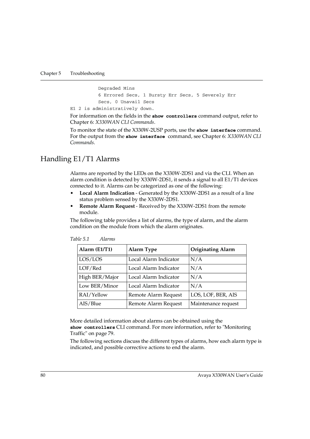 Avaya X330WAN manual Handling E1/T1 Alarms, Troubleshooting 