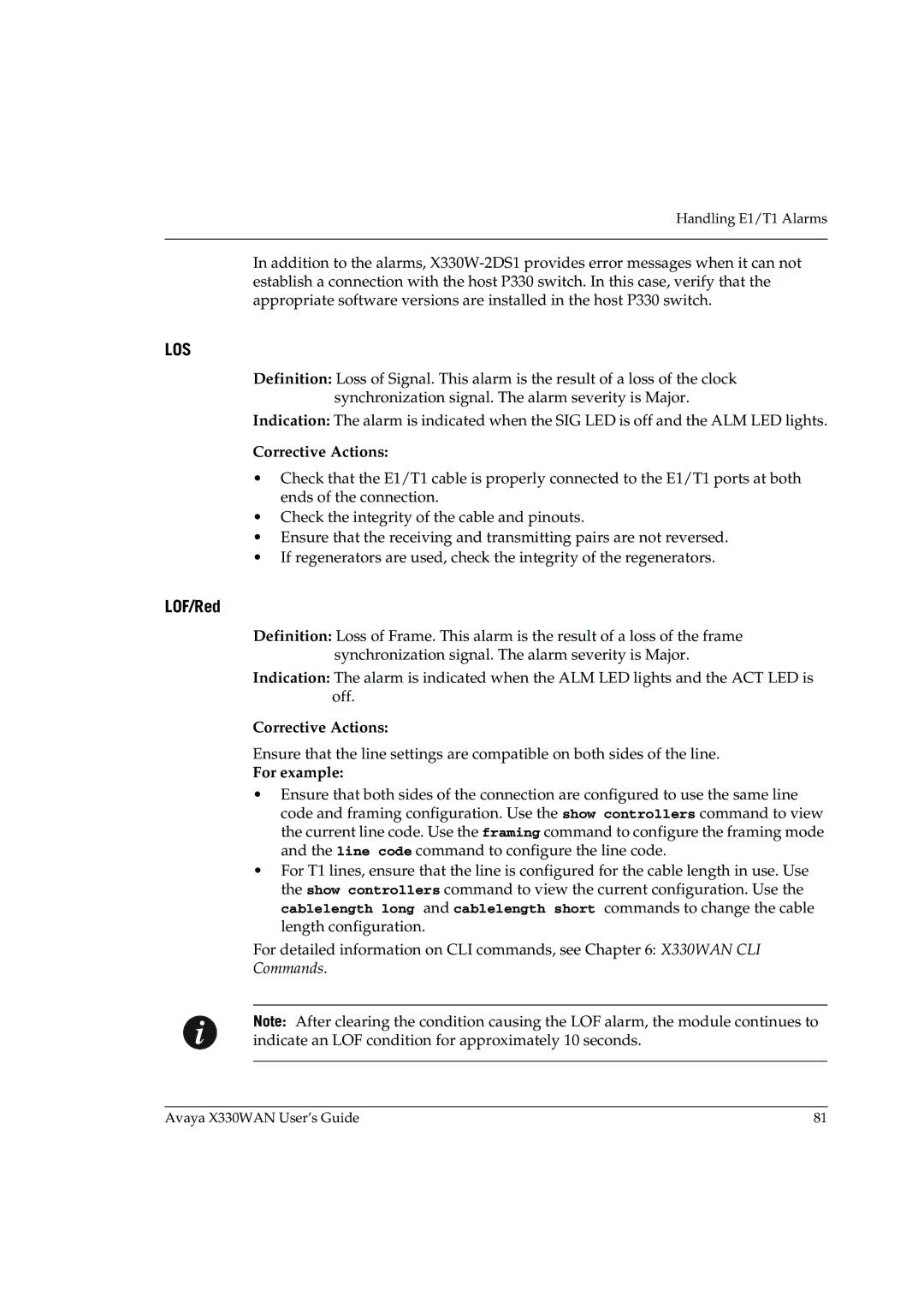 Avaya X330WAN manual LOF/Red, Corrective Actions, For example 