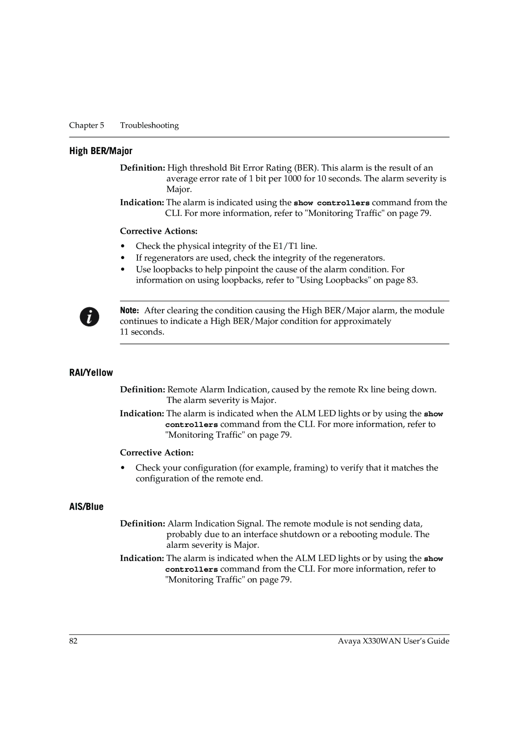 Avaya X330WAN manual High BER/Major, RAI/Yellow, AIS/Blue, Corrective Action 
