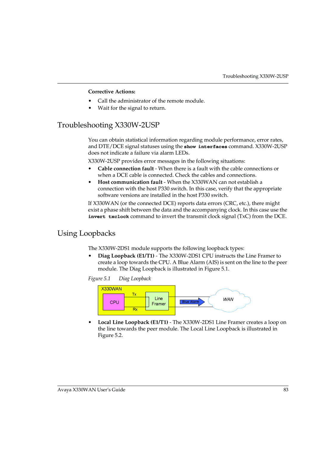 Avaya X330WAN manual Troubleshooting X330W-2USP, Using Loopbacks 