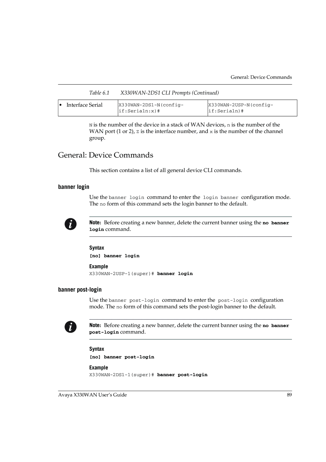 Avaya X330WAN manual General Device Commands, Banner login, Banner post-login, No banner login, No banner post-login 