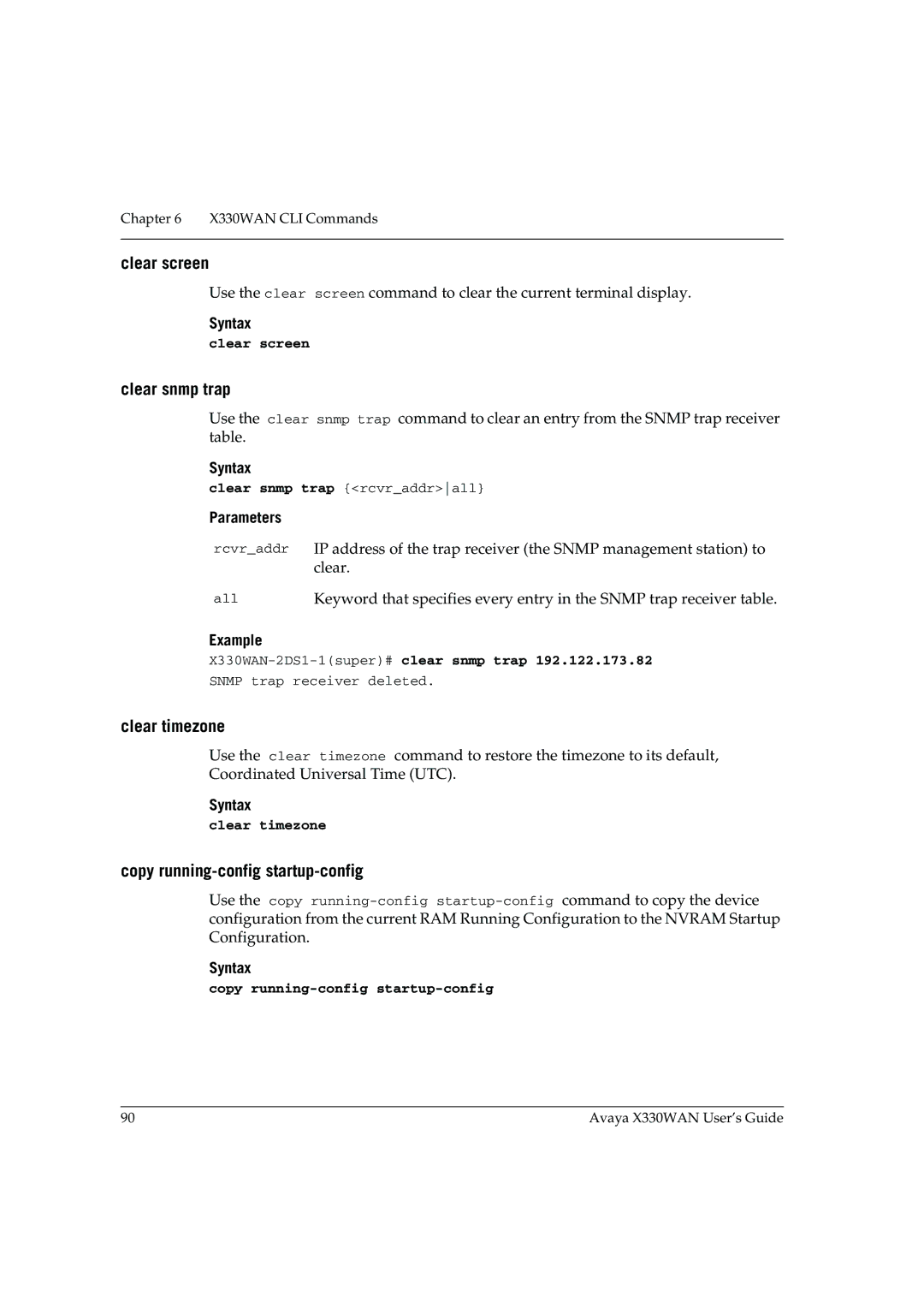 Avaya X330WAN manual Clear screen, Clear snmp trap, Clear timezone, Copy running-config startup-config 