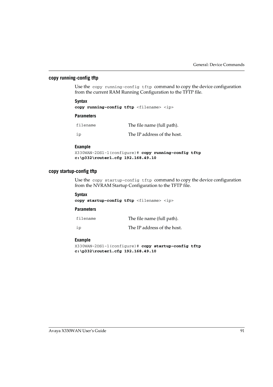 Avaya X330WAN manual Copy startup-config tftp, Copy running-config tftp filename ip, p332\router1.cfg 