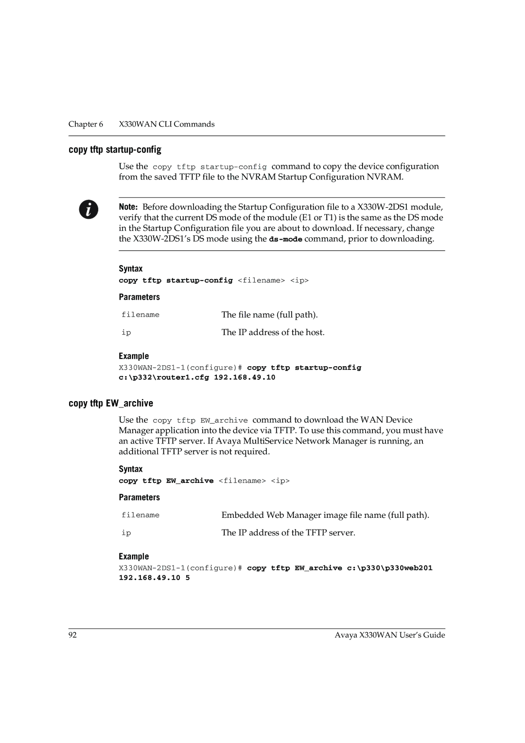 Avaya X330WAN manual Copy tftp startup-config filename ip, Copy tftp EWarchive filename ip 