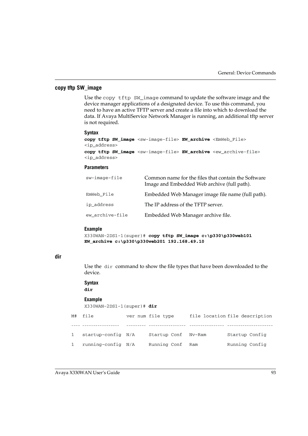 Avaya X330WAN manual Copy tftp SWimage, Dir 