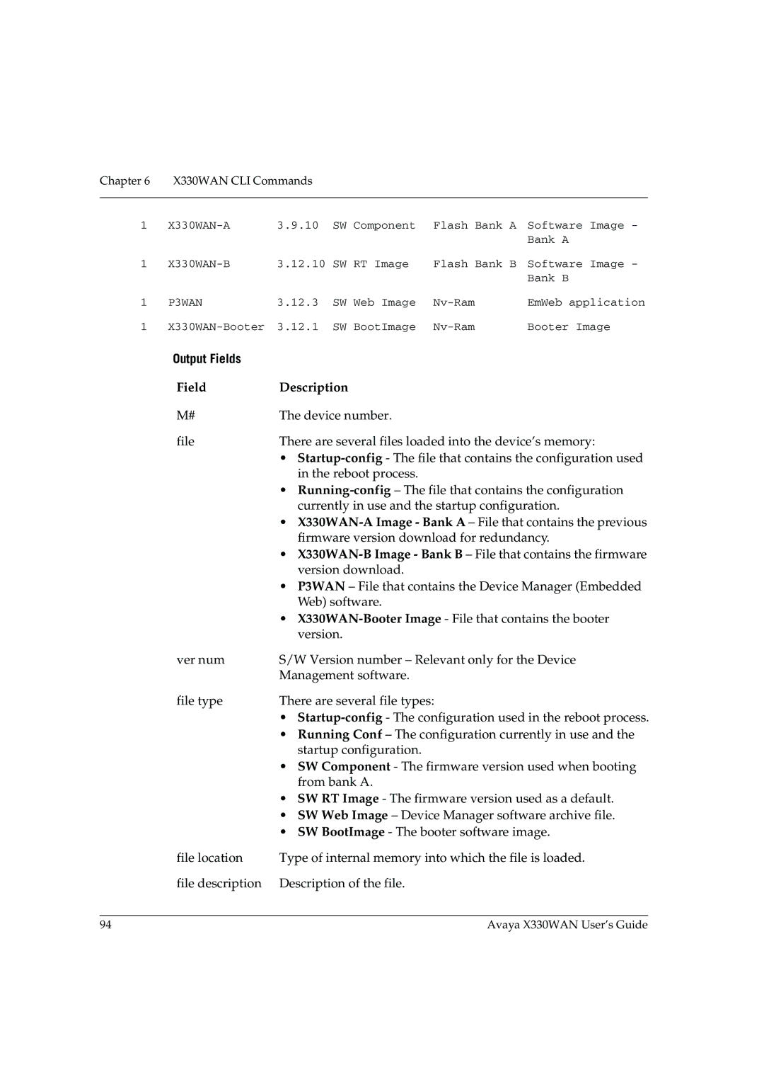 Avaya X330WAN manual Output Fields, Field Description 