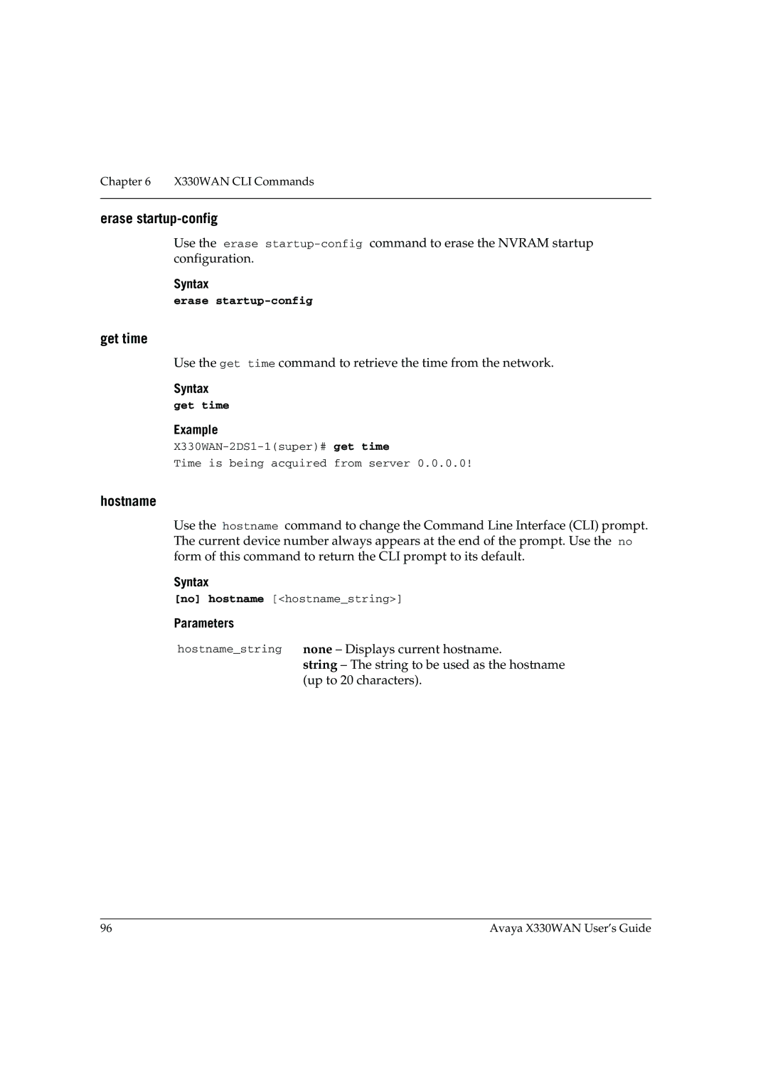 Avaya X330WAN manual Erase startup-config, Get time, Hostname 