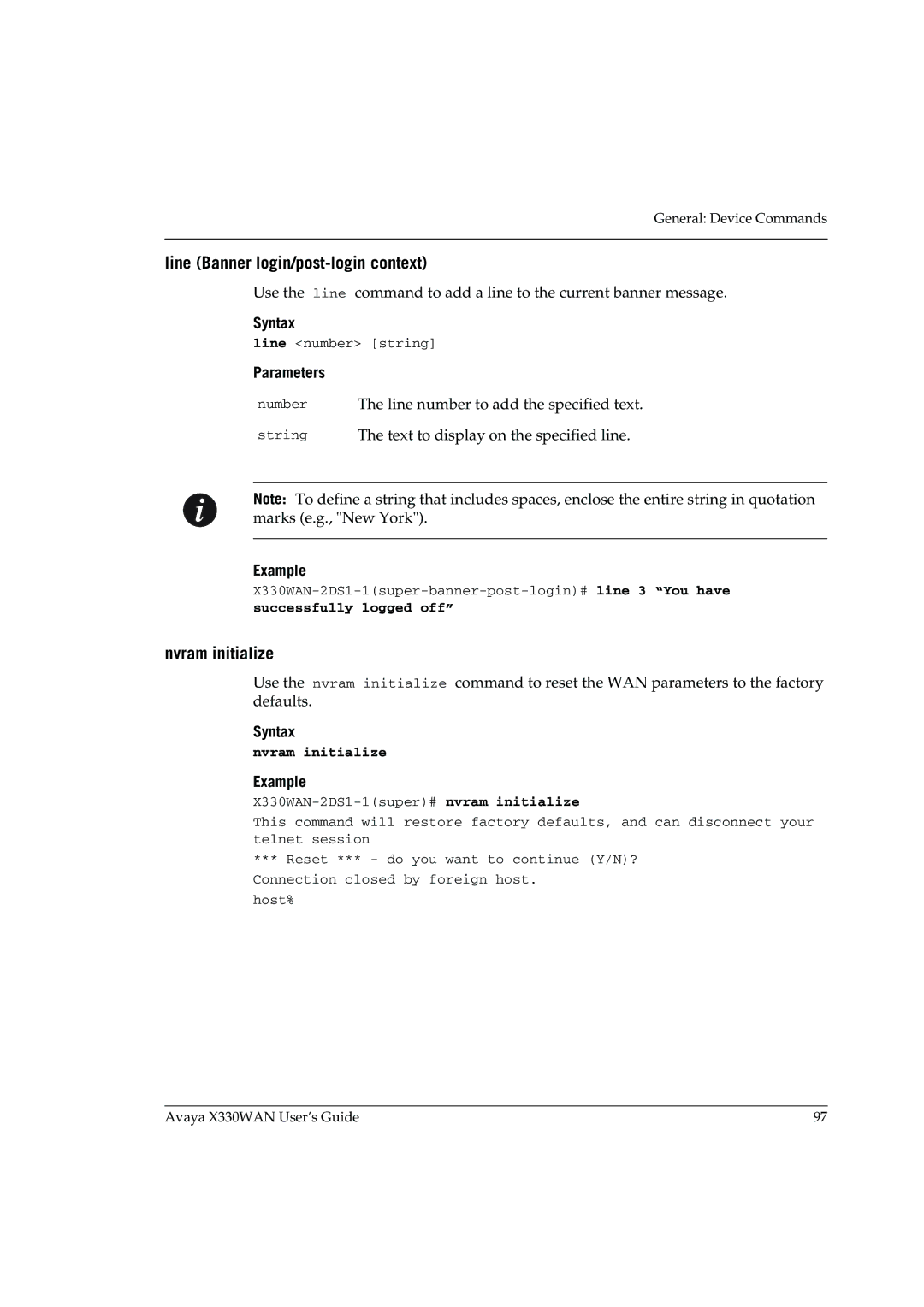 Avaya X330WAN manual Line Banner login/post-login context, Nvram initialize, Successfully logged off 