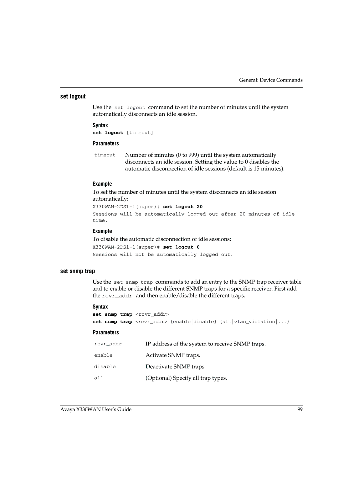 Avaya X330WAN manual Set logout timeout, Set snmp trap rcvraddr 