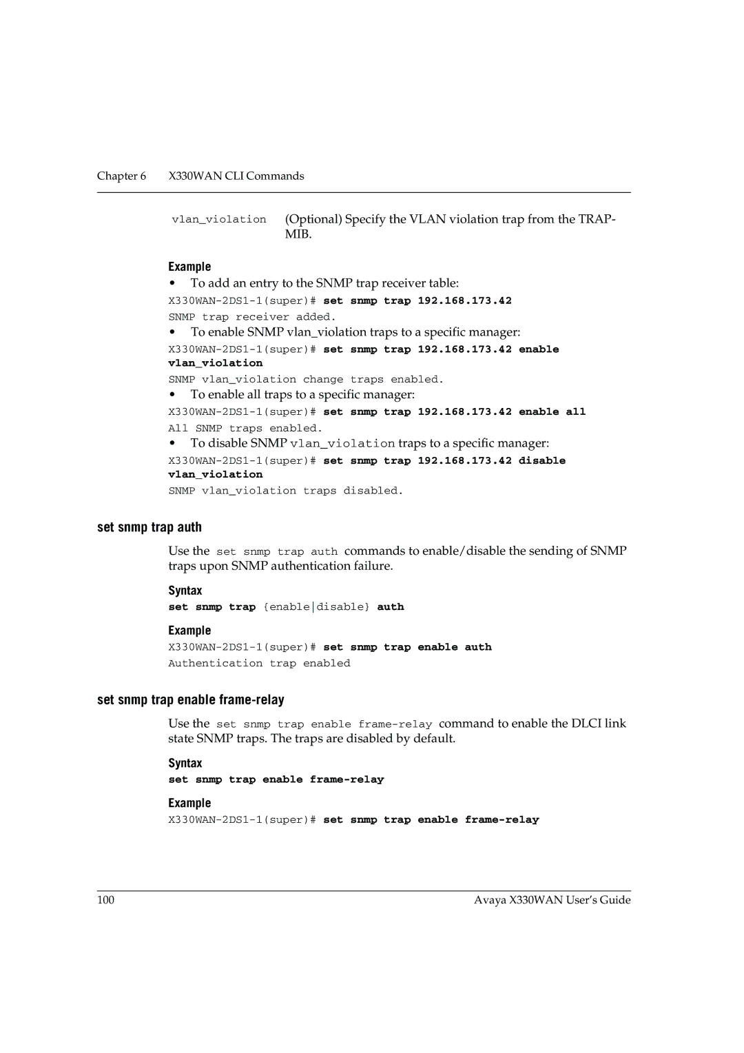Avaya X330WAN manual Set snmp trap auth, Set snmp trap enable frame-relay 