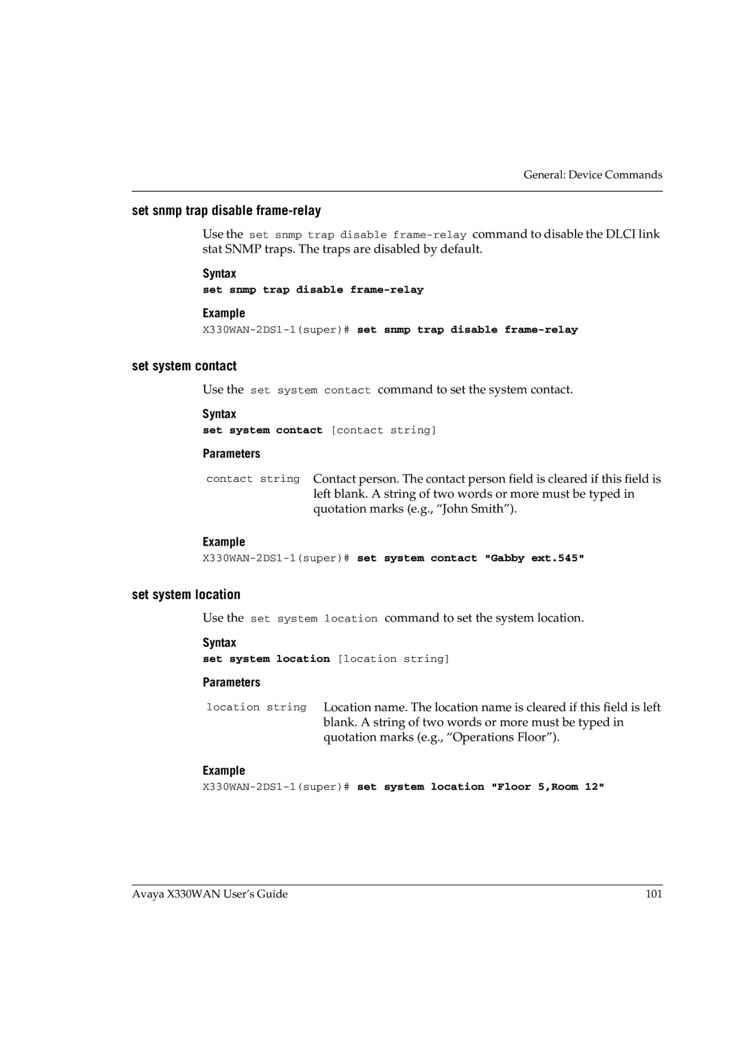 Avaya X330WAN manual Set snmp trap disable frame-relay, Set system contact, Set system location 