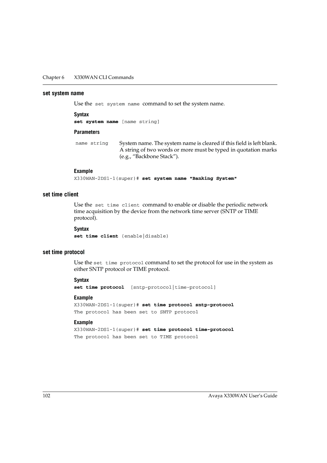 Avaya X330WAN manual Set system name, Set time client, Set time protocol 