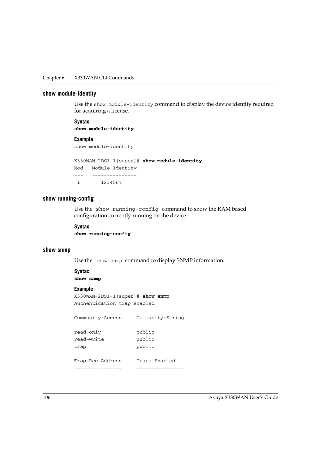 Avaya X330WAN manual Show module-identity, Show running-config, Show snmp 