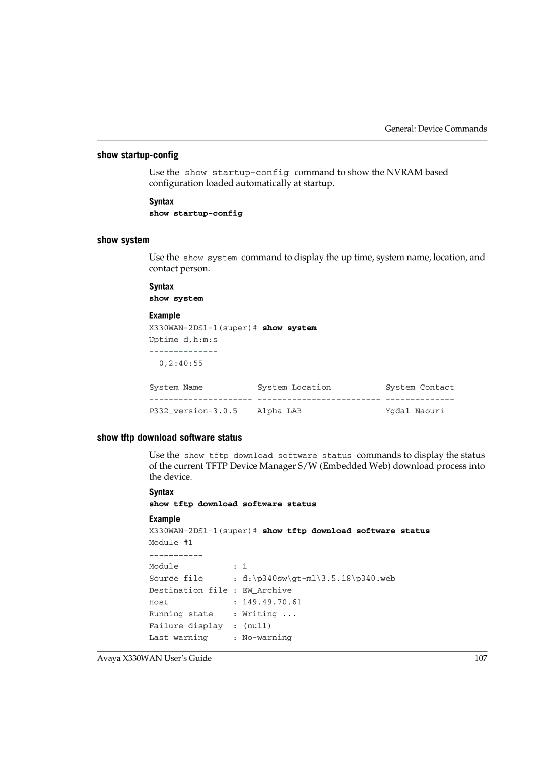 Avaya X330WAN manual Show startup-config, Show system, Show tftp download software status 