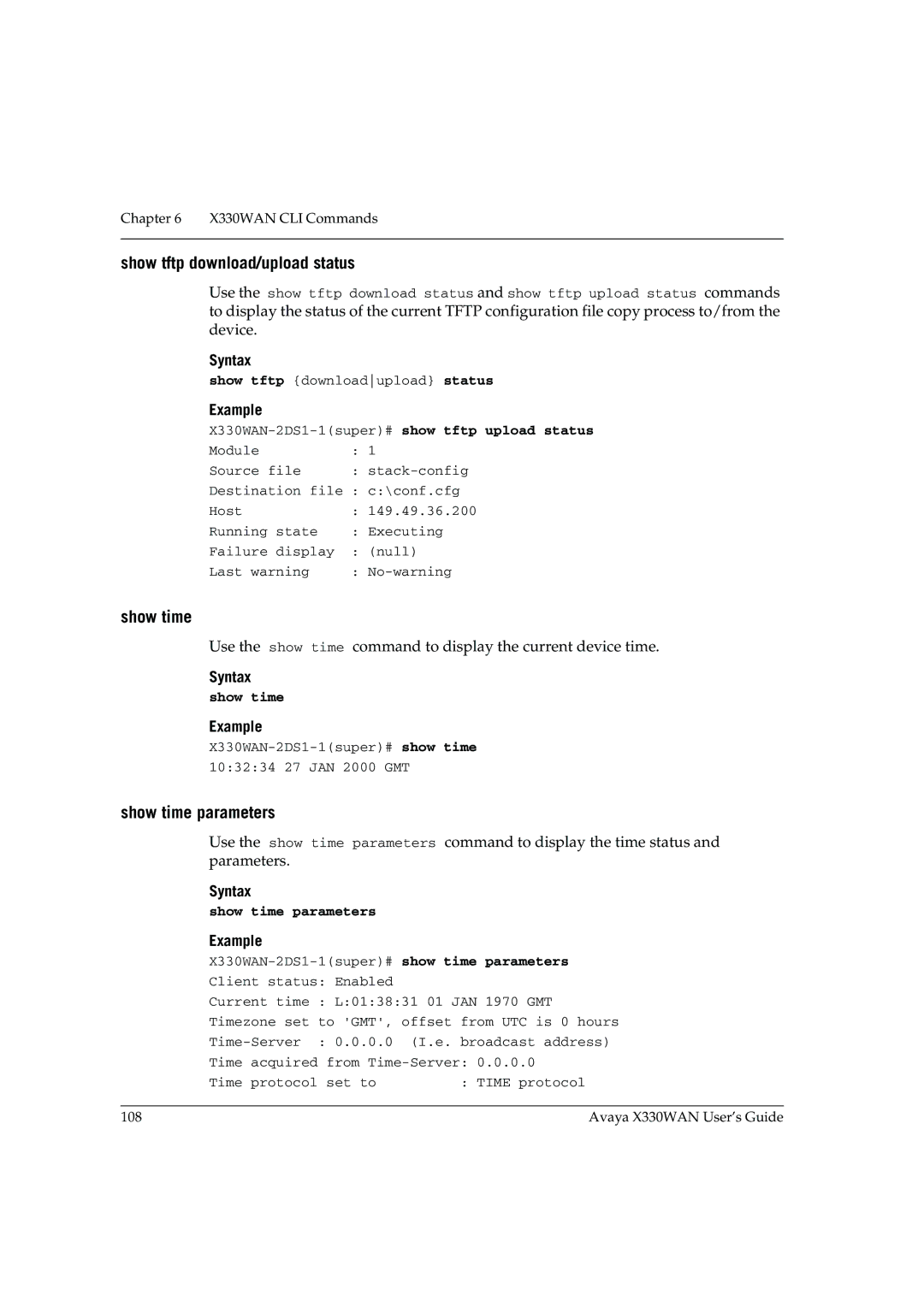 Avaya X330WAN manual Show tftp download/upload status, Show time parameters 