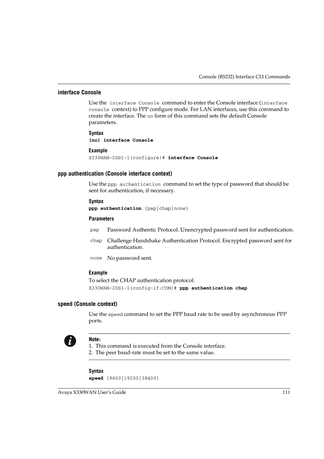 Avaya X330WAN Interface Console, Ppp authentication Console interface context, Speed Console context, No interface Console 