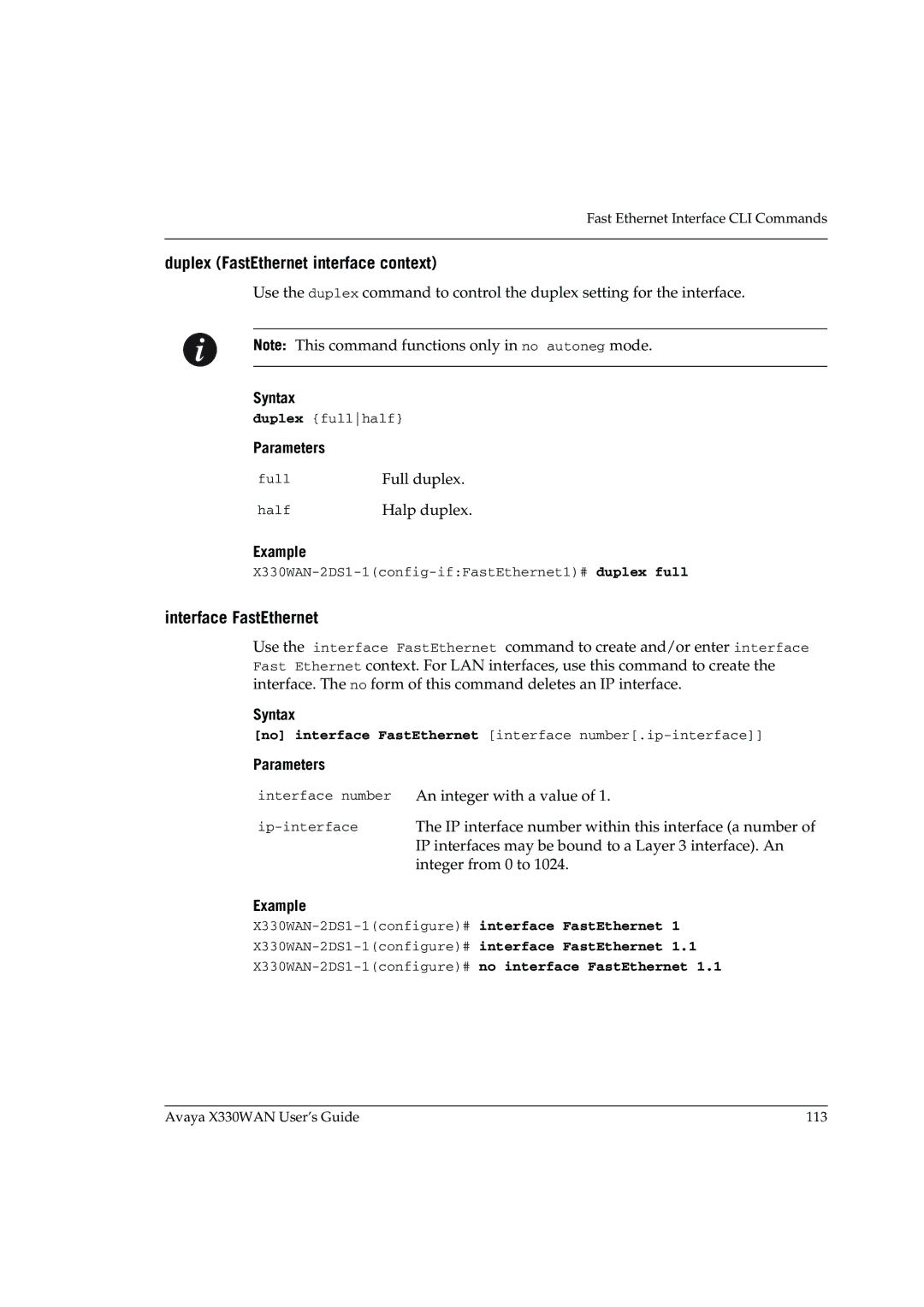 Avaya X330WAN manual Duplex FastEthernet interface context, Interface FastEthernet 