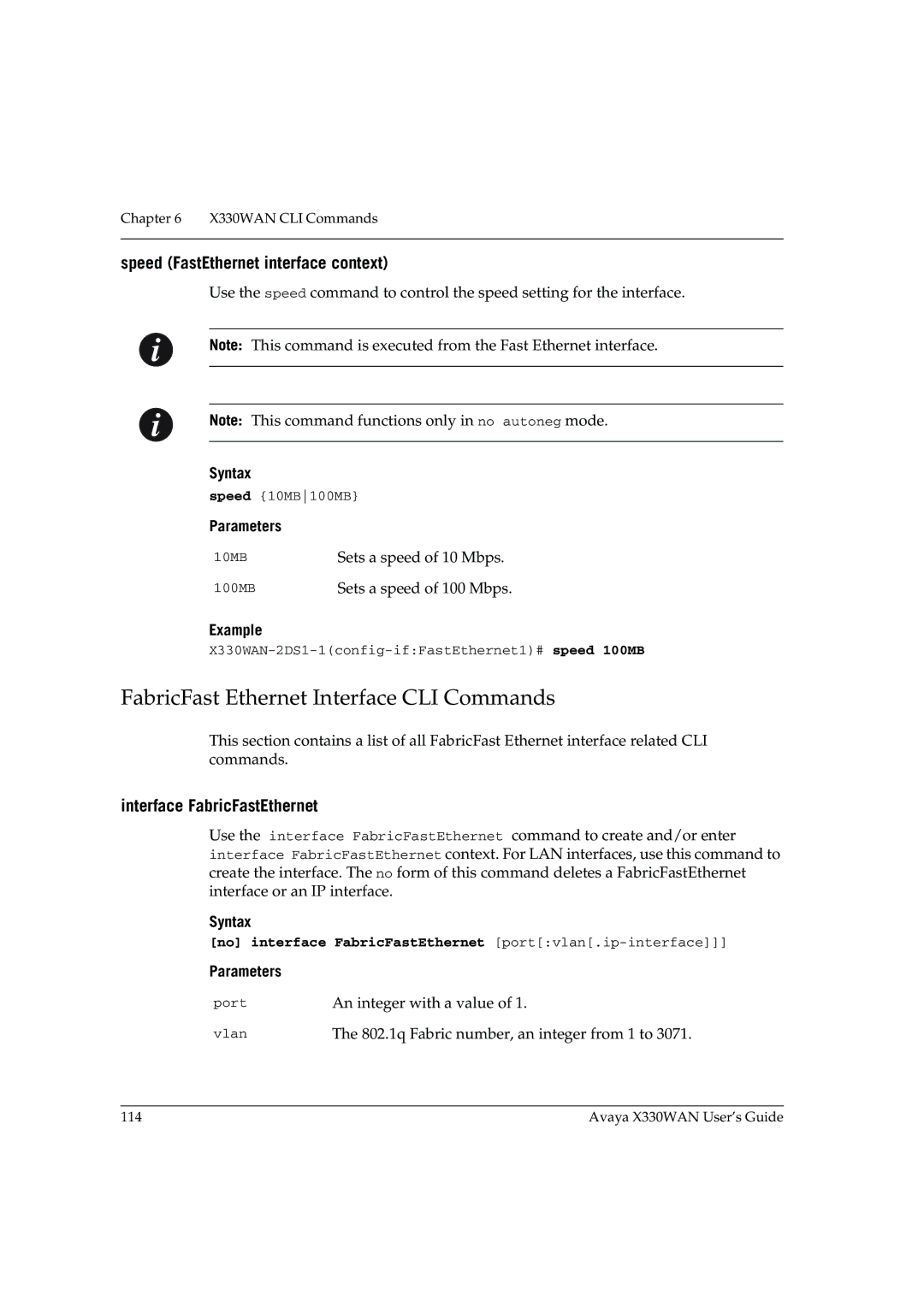 Avaya X330WAN manual FabricFast Ethernet Interface CLI Commands, Speed FastEthernet interface context 