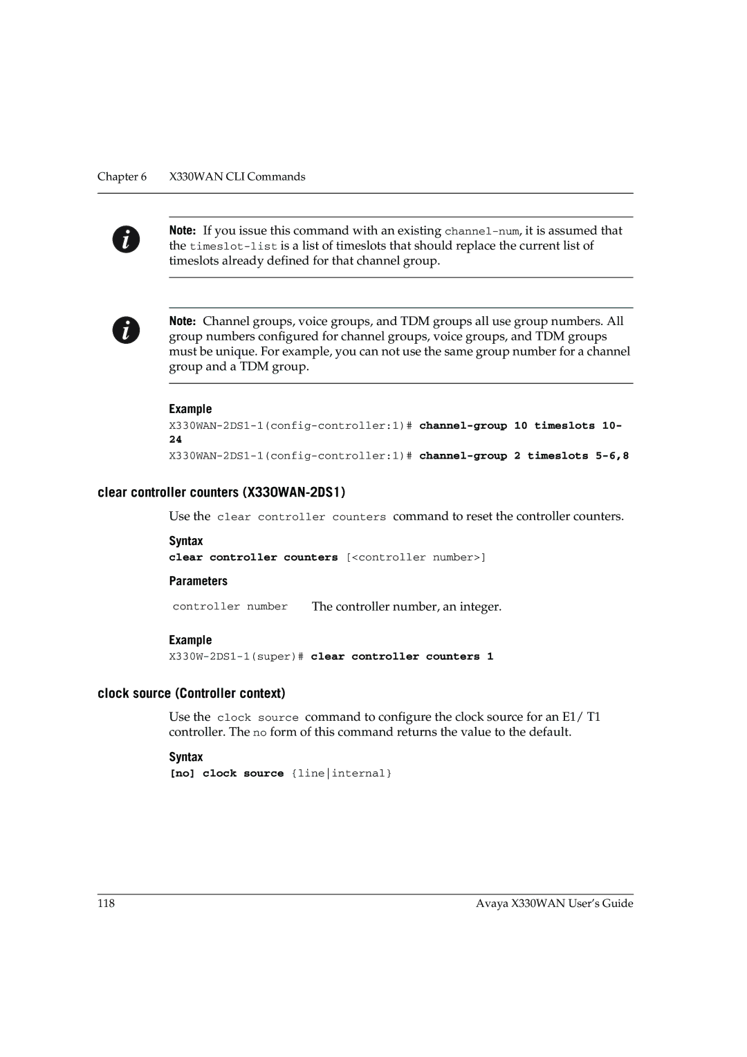 Avaya manual Clear controller counters X330WAN-2DS1, Clock source Controller context, No clock source lineinternal 