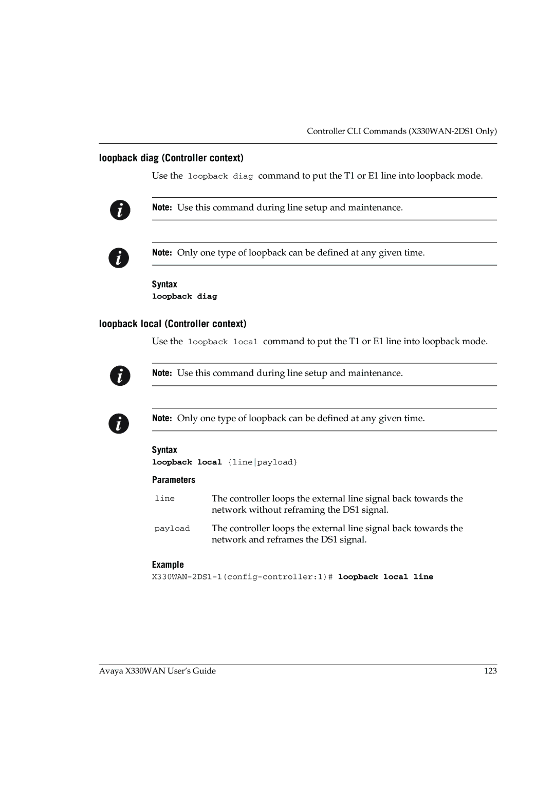 Avaya X330WAN manual Loopback diag Controller context, Loopback local Controller context, Loopback local linepayload 