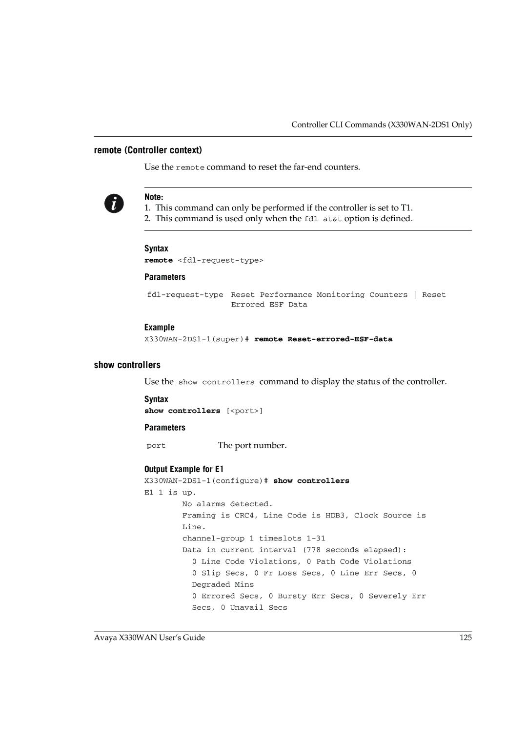 Avaya manual Remote Controller context, Show controllers, X330WAN-2DS1-1super#remote Reset-errored-ESF-data 