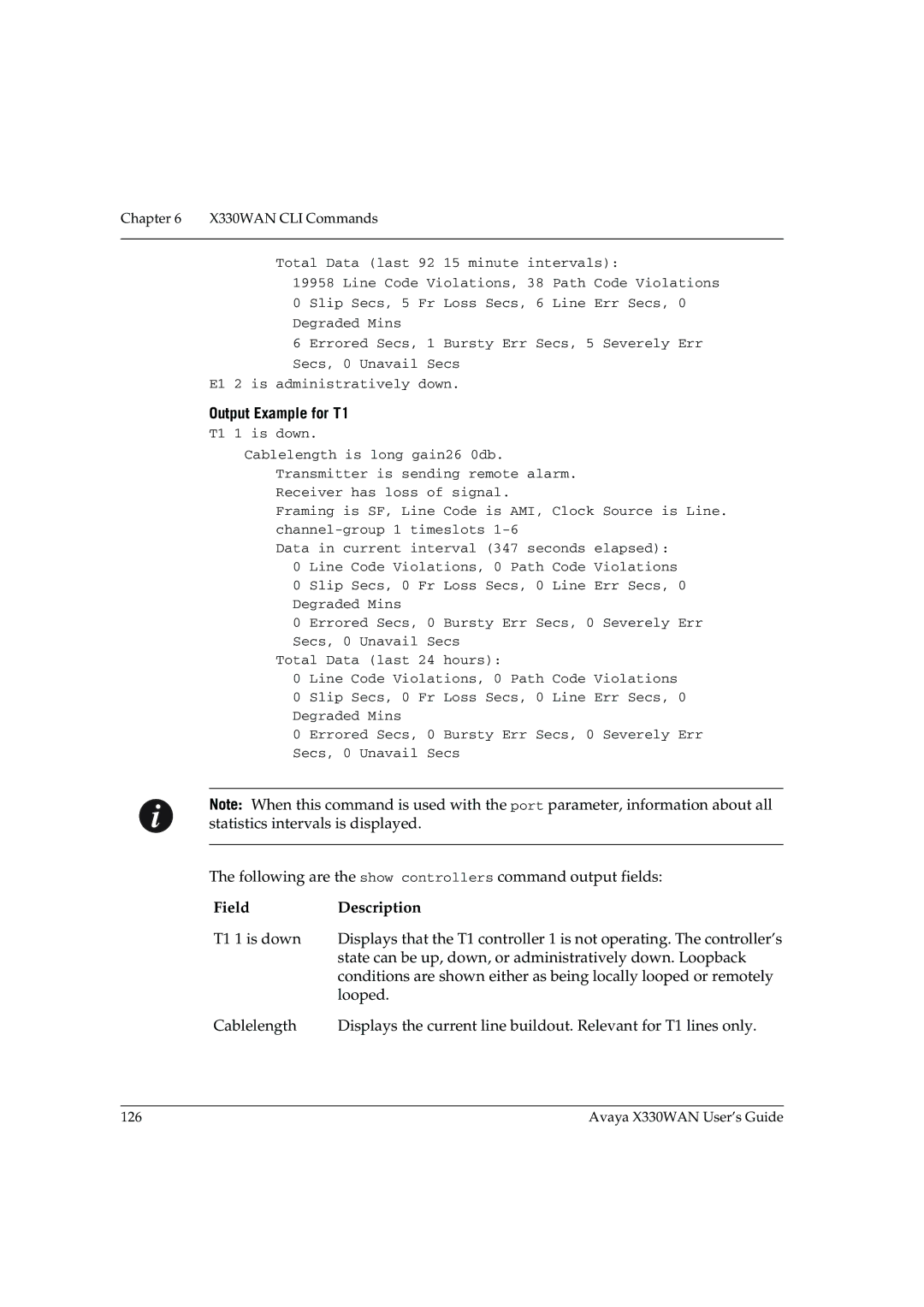 Avaya X330WAN manual Output Example for T1 