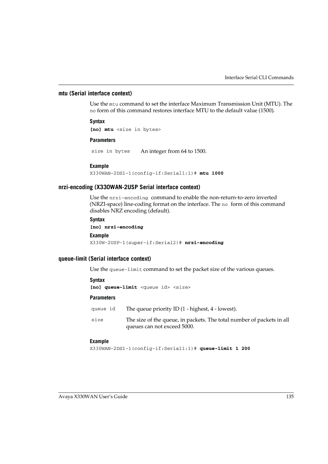 Avaya manual Mtu Serial interface context, Nrzi-encoding X330WAN-2USP Serial interface context, No nrzi-encoding 