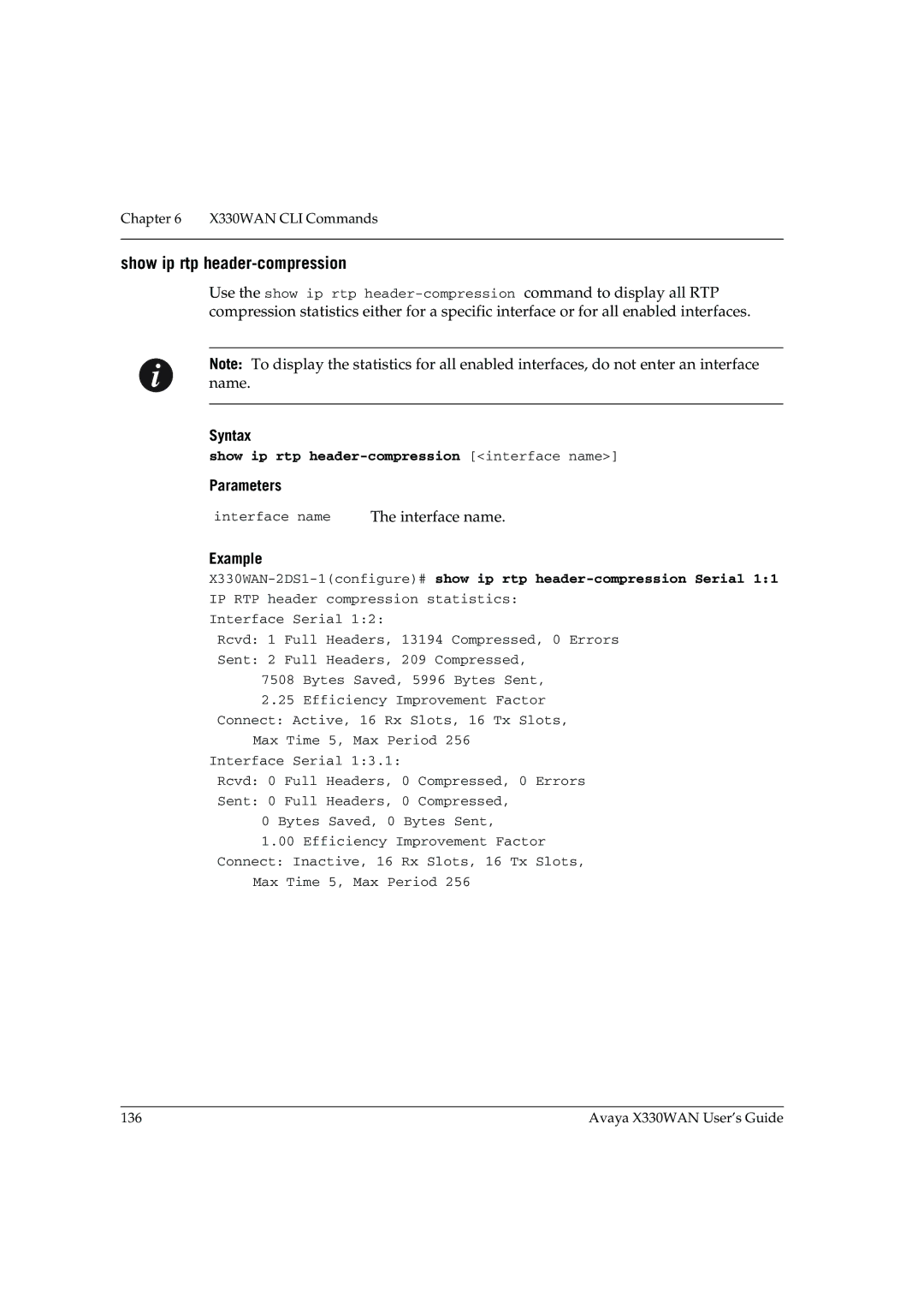 Avaya X330WAN manual Show ip rtp header-compression interface name 