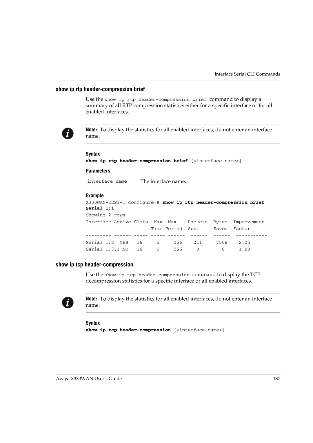 Avaya X330WAN manual Show ip rtp header-compression brief, Show ip tcp header-compression 