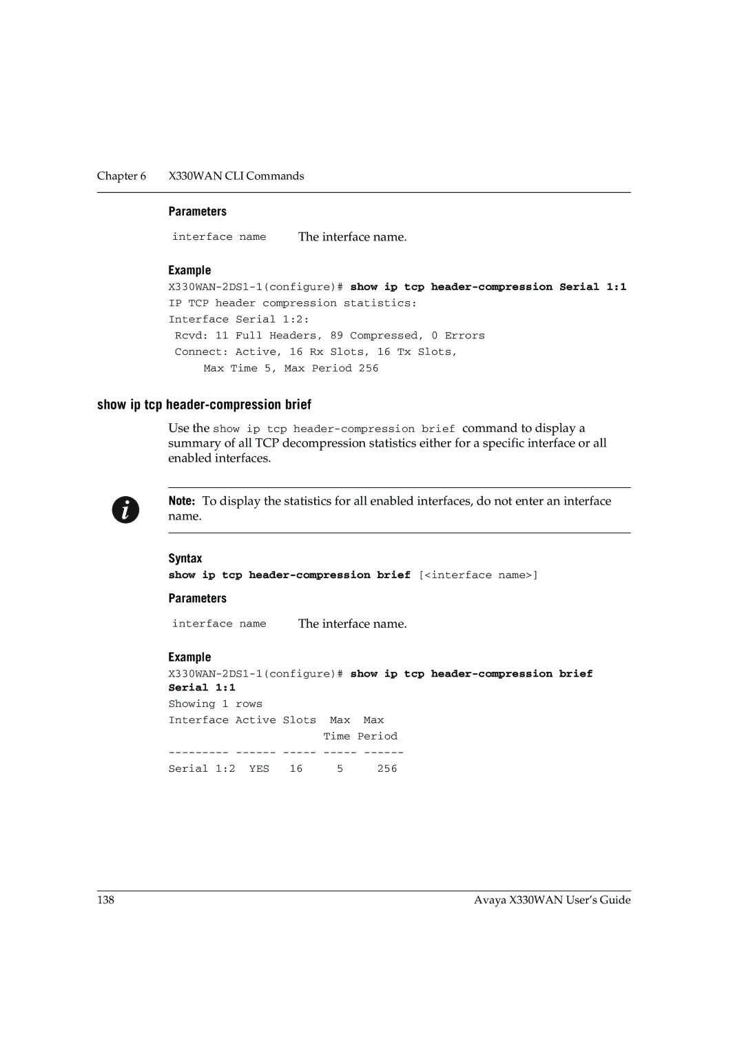 Avaya X330WAN manual Show ip tcp header-compression brief interface name 