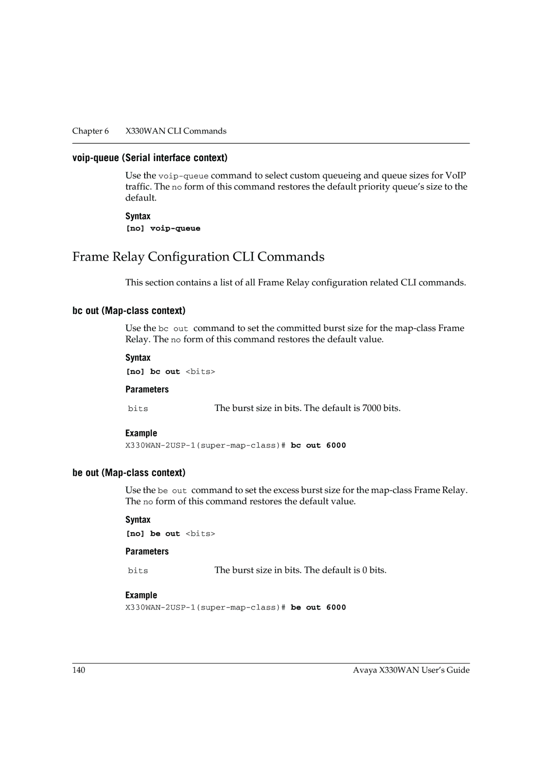 Avaya X330WAN manual Frame Relay Configuration CLI Commands, Voip-queue Serial interface context, Bc out Map-class context 