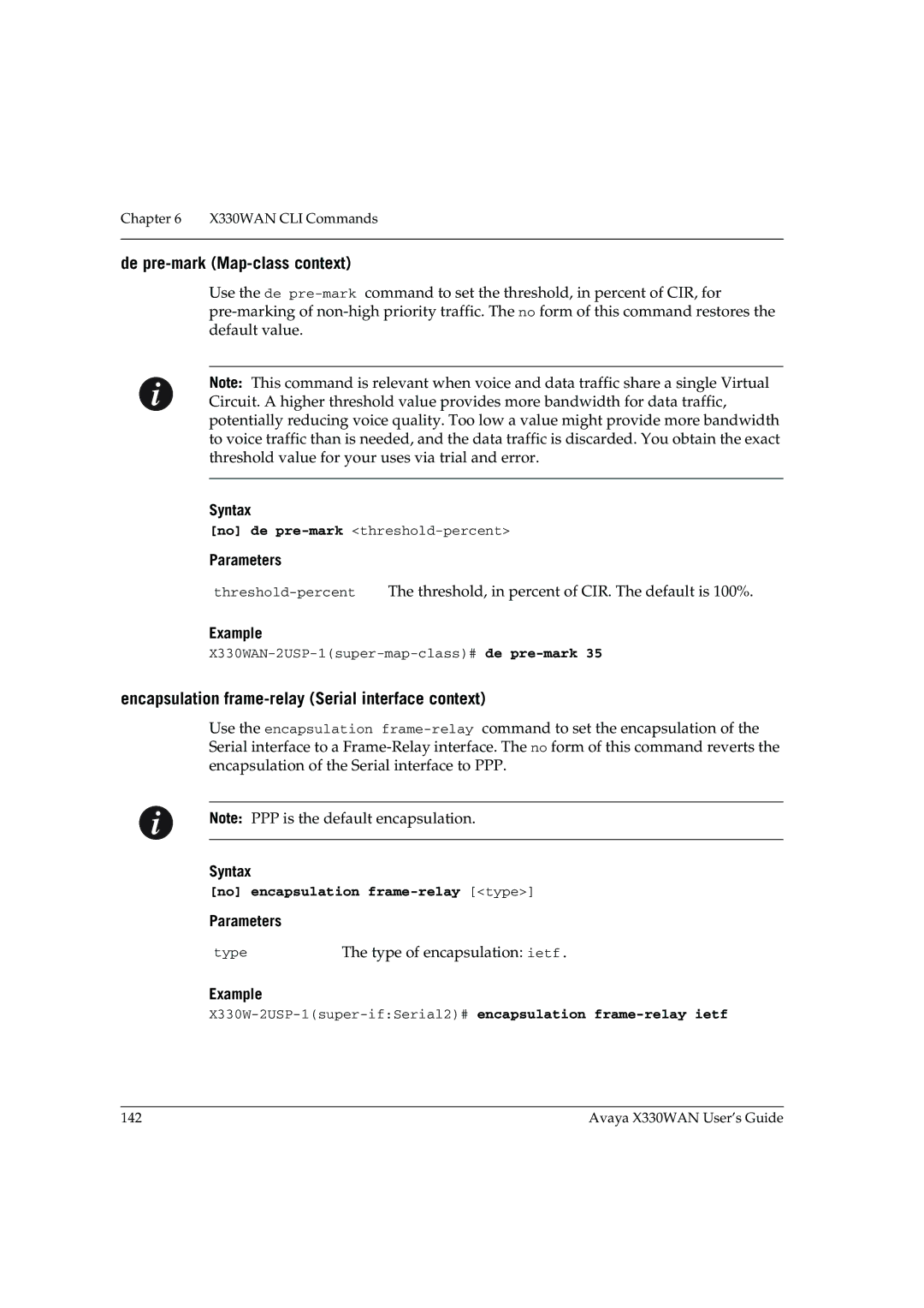 Avaya X330WAN manual De pre-mark Map-class context, Encapsulation frame-relay Serial interface context 