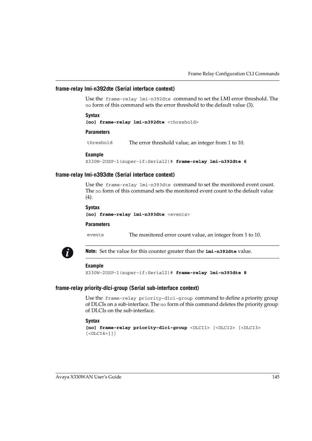 Avaya X330WAN manual Frame-relay lmi-n392dte Serial interface context, Frame-relay lmi-n393dte Serial interface context 