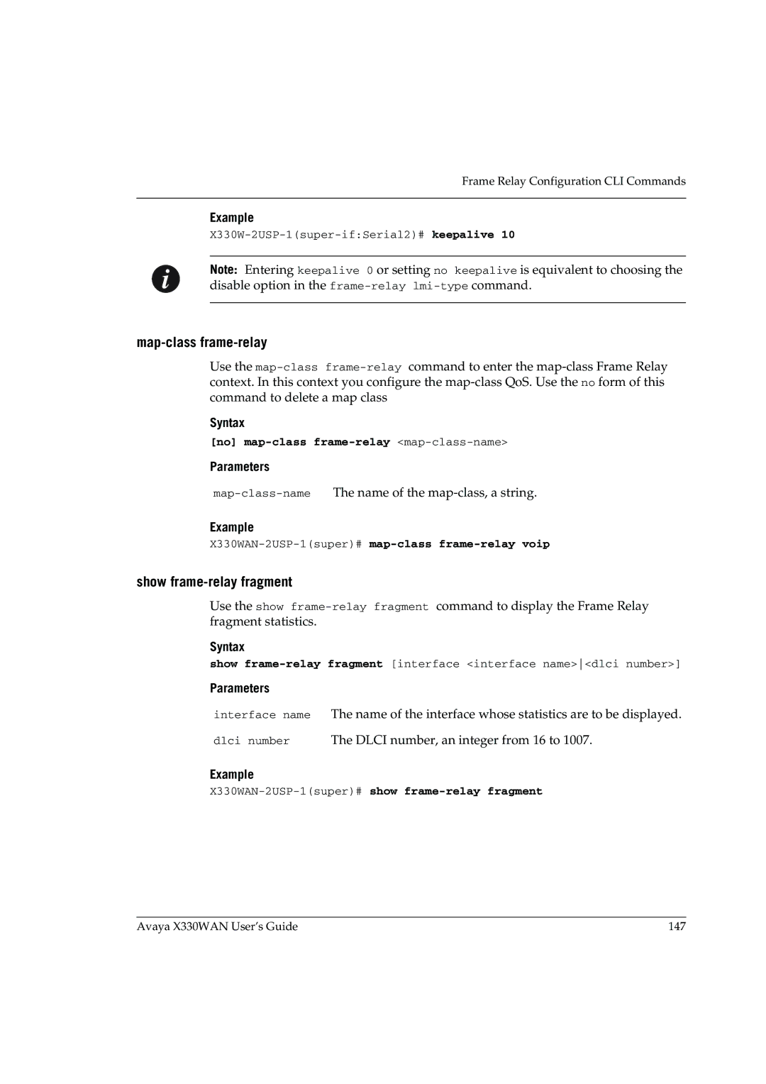 Avaya X330WAN manual Map-class frame-relay, Show frame-relay fragment, No map-class frame-relay map-class-name 