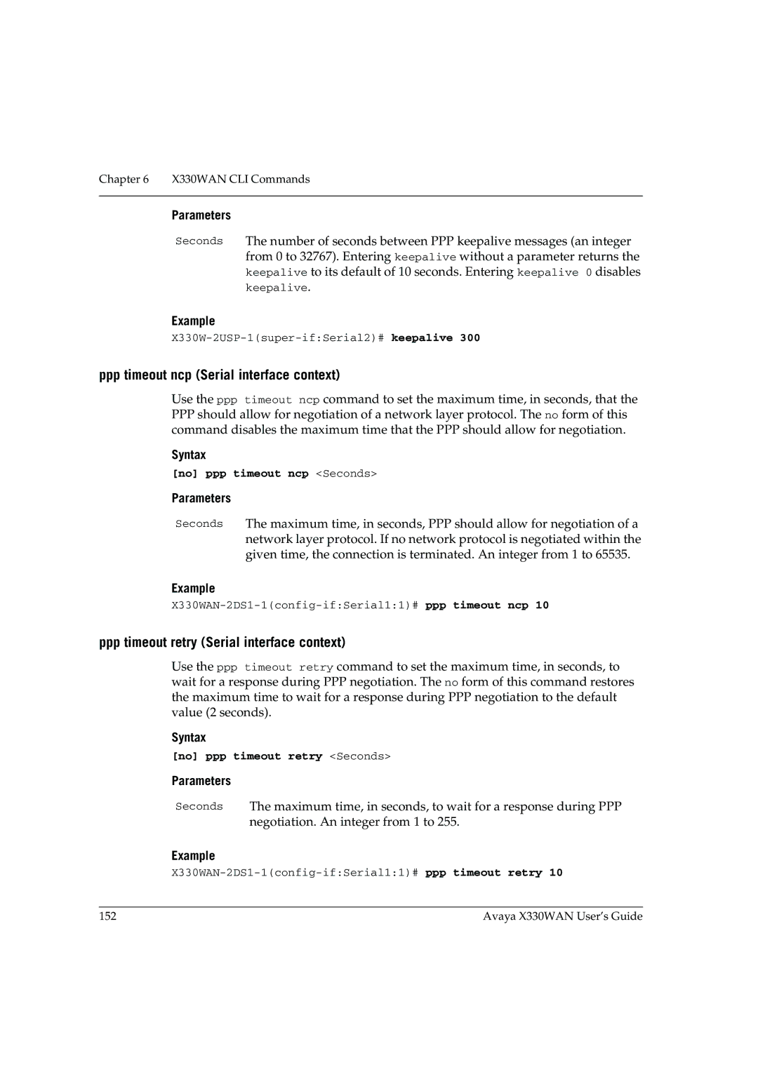 Avaya X330WAN manual Ppp timeout ncp Serial interface context, Ppp timeout retry Serial interface context 