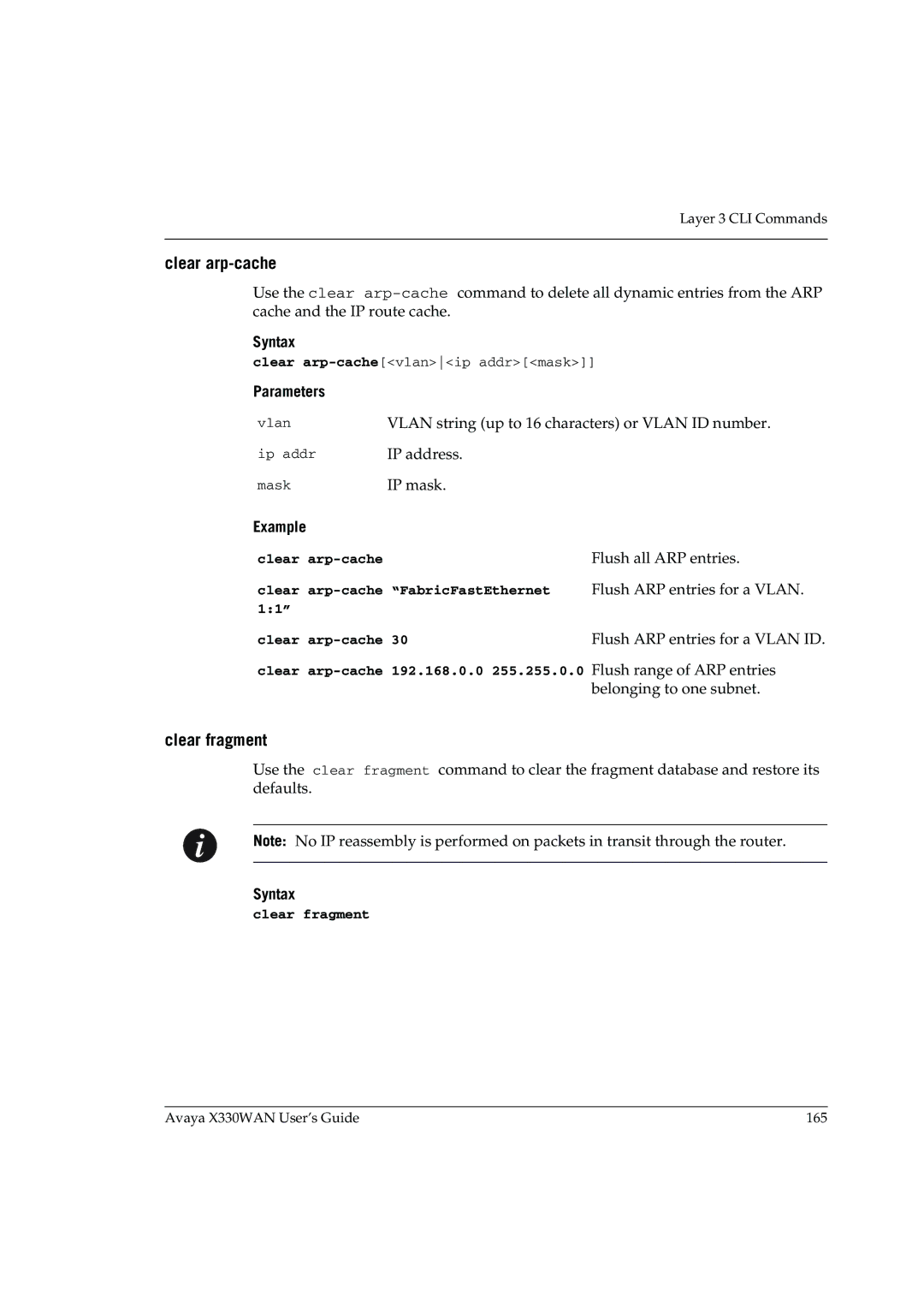 Avaya X330WAN manual Clear arp-cache, Clear fragment, Flush all ARP entries, Flush ARP entries for a Vlan 