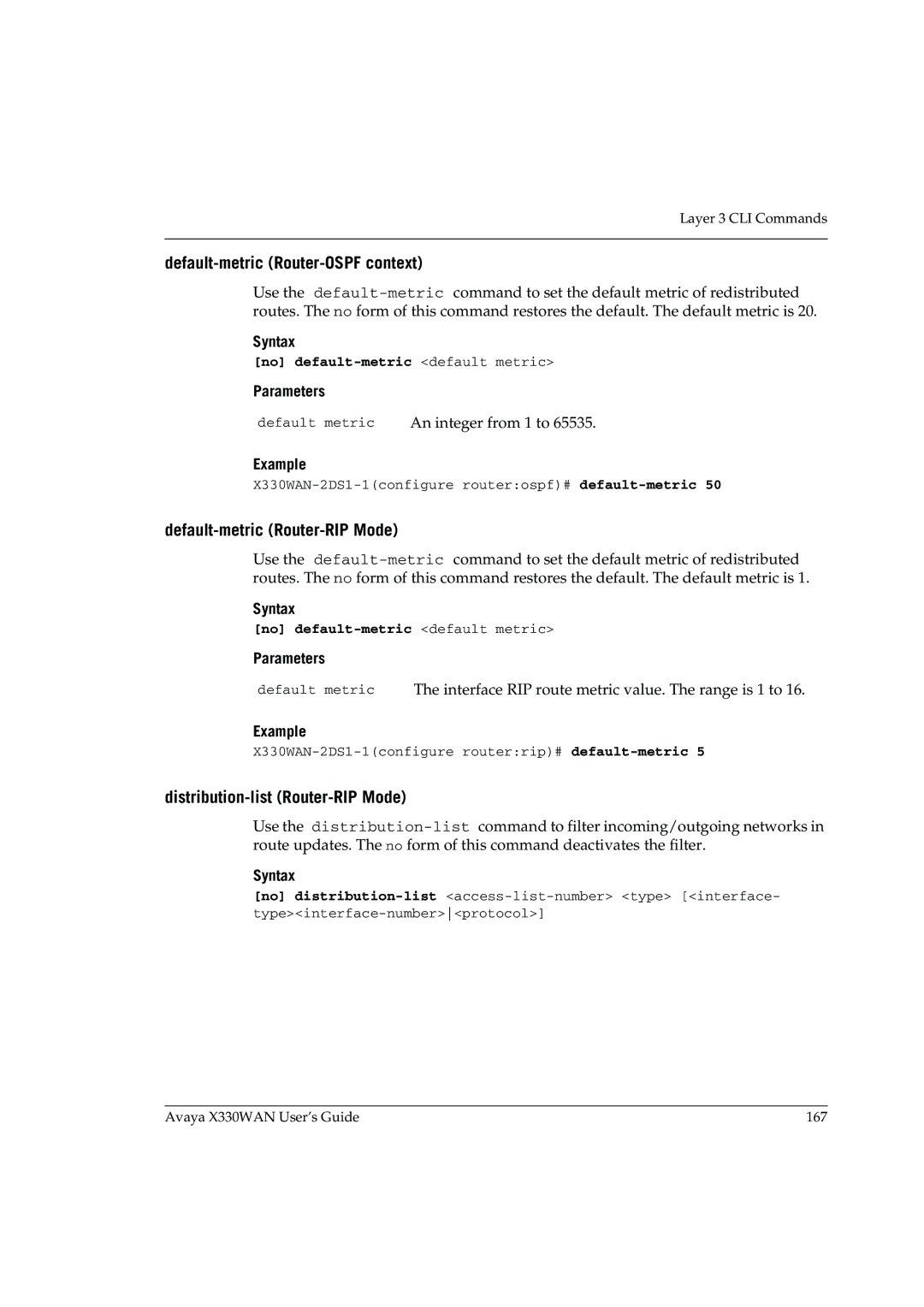 Avaya X330WAN manual Default-metric Router-OSPF context, Default-metric Router-RIP Mode, Distribution-list Router-RIP Mode 