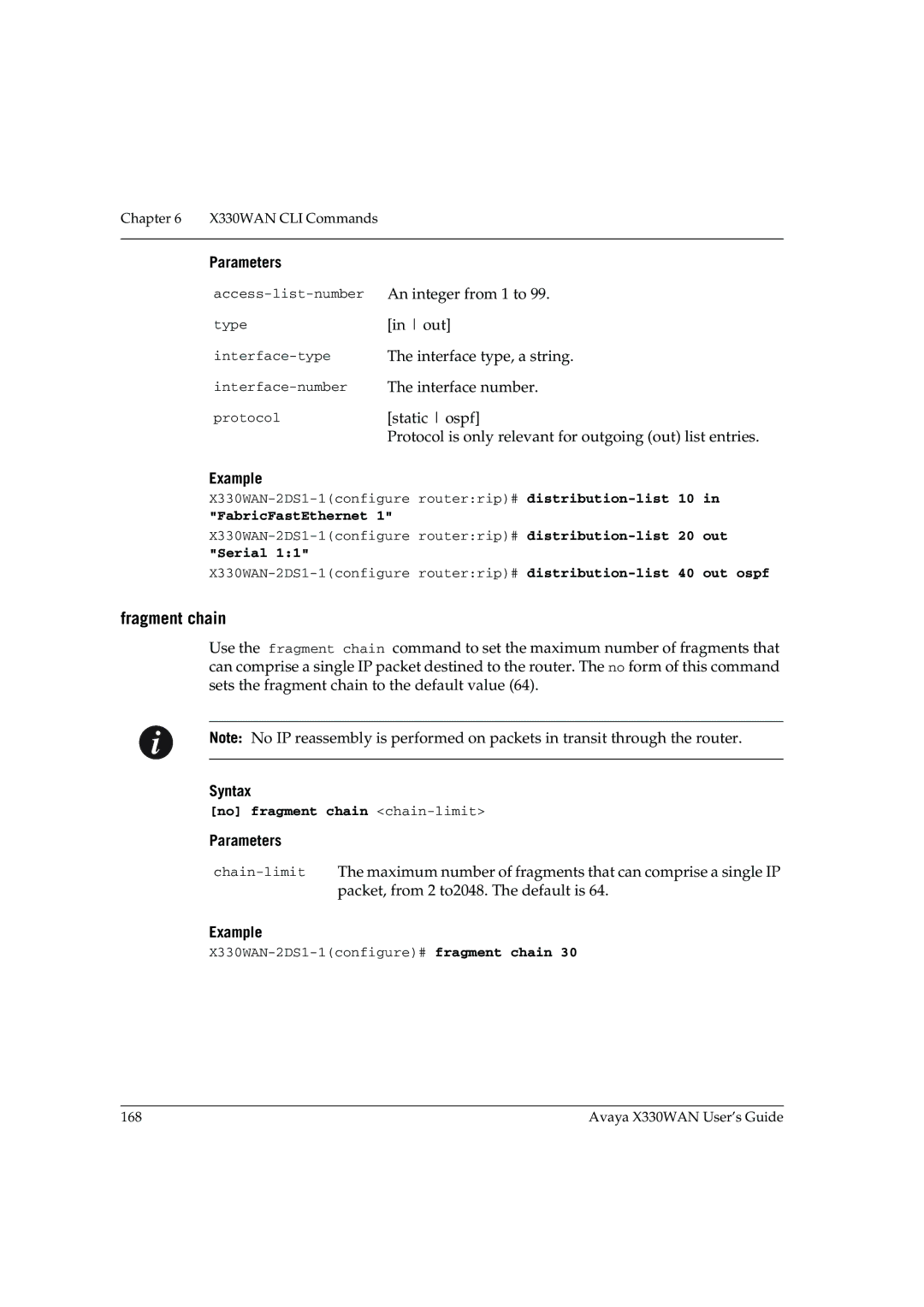 Avaya X330WAN manual Fragment chain, FabricFastEthernet, No fragment chain chain-limit 