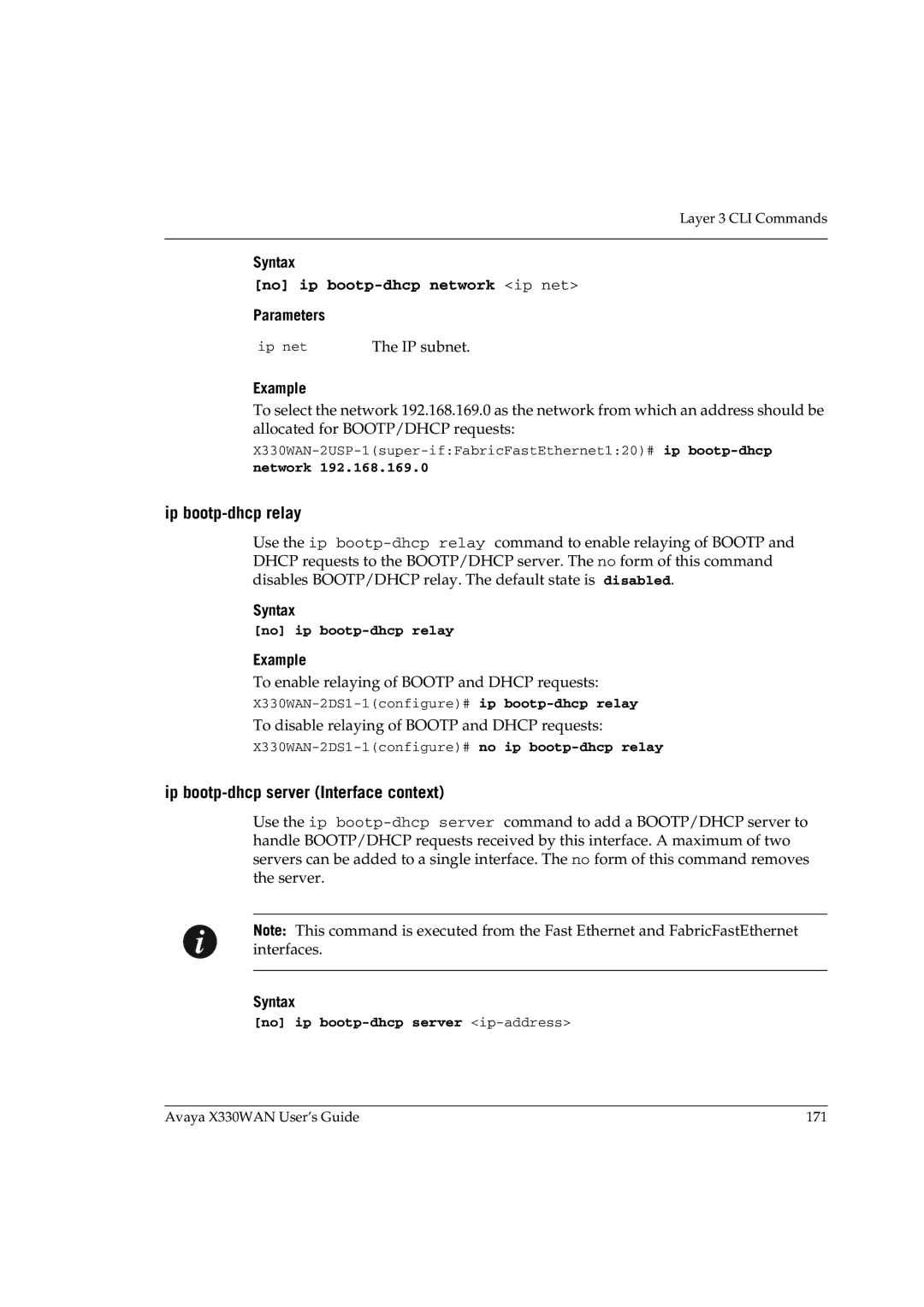 Avaya X330WAN manual Ip bootp-dhcp relay, Ip bootp-dhcp server Interface context, Network, No ip bootp-dhcp relay 