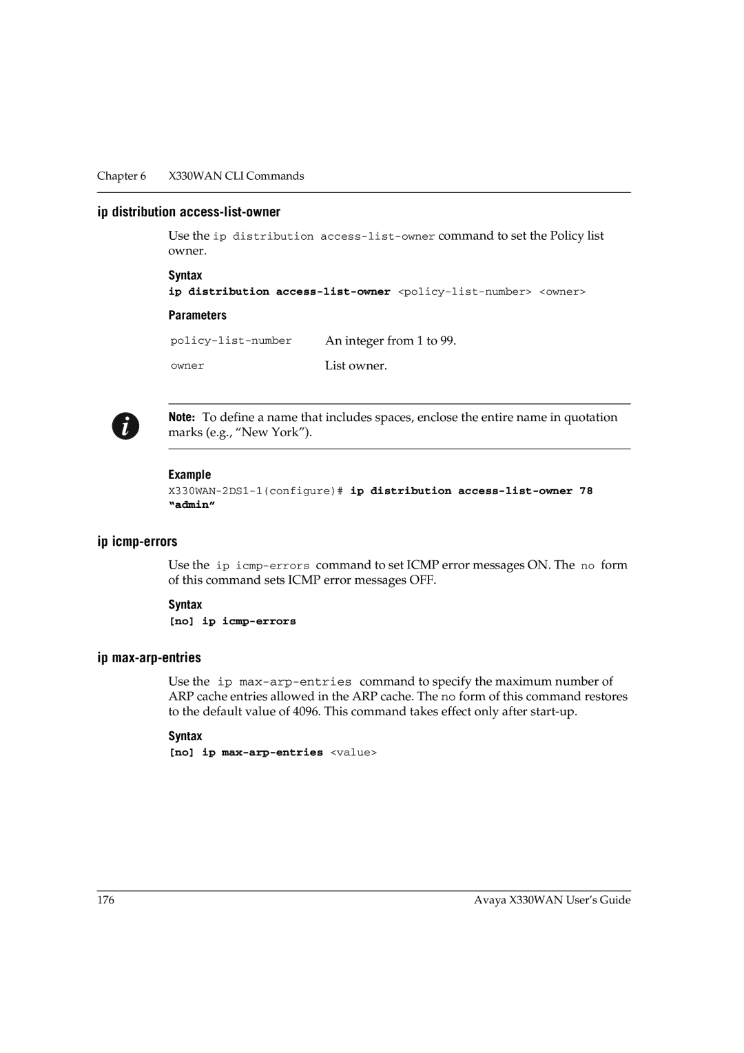 Avaya X330WAN manual Ip distribution access-list-owner, Ip icmp-errors, Ip max-arp-entries 