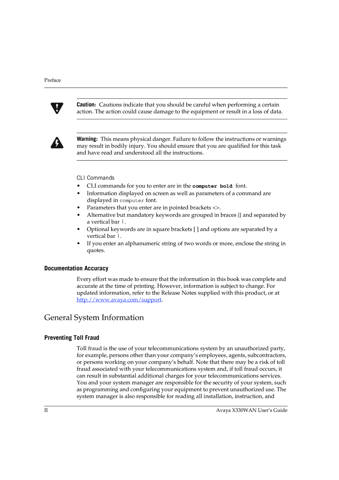 Avaya X330WAN manual General System Information, Documentation Accuracy, Preventing Toll Fraud 