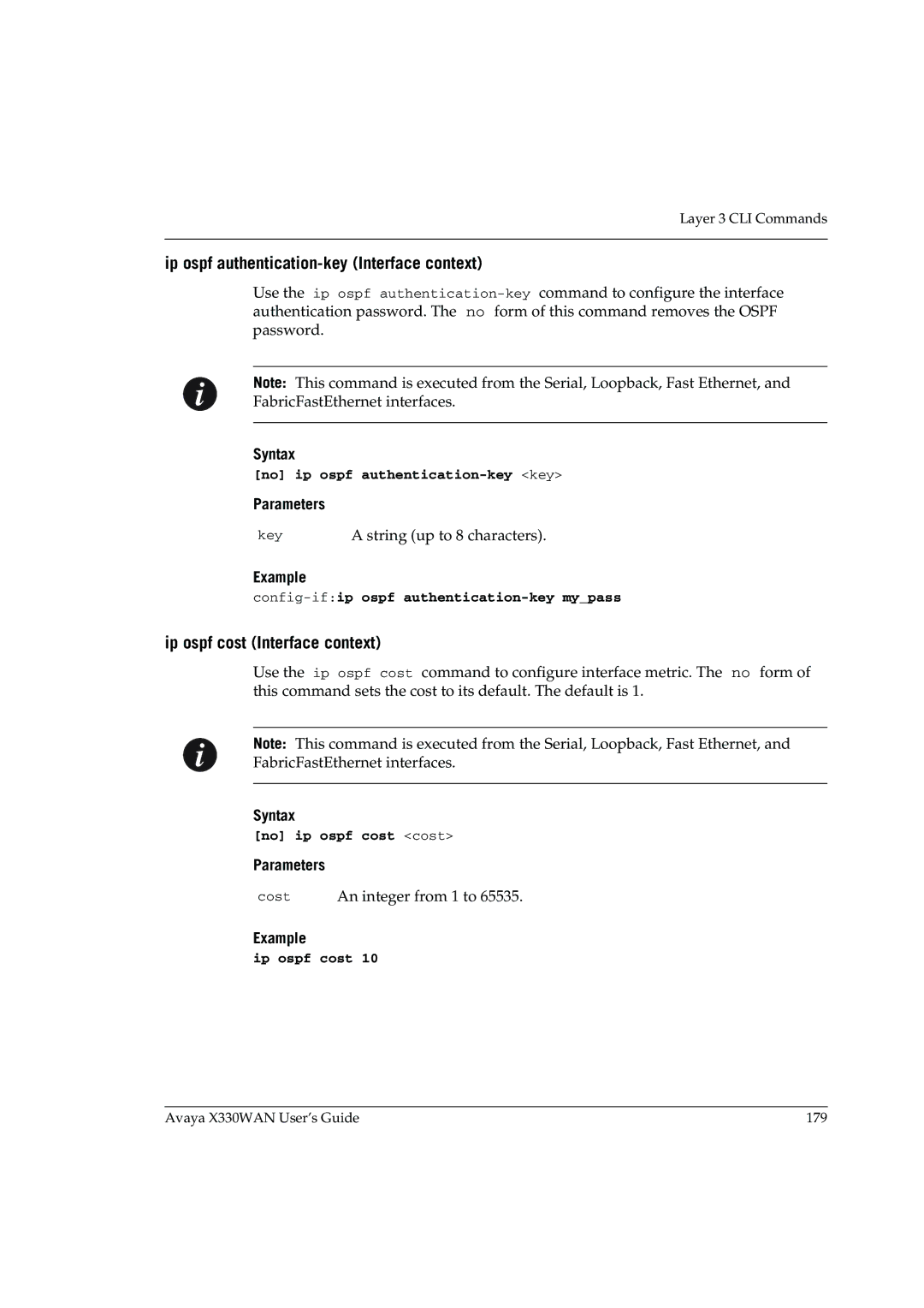 Avaya X330WAN manual Ip ospf authentication-key Interface context, Ip ospf cost Interface context 