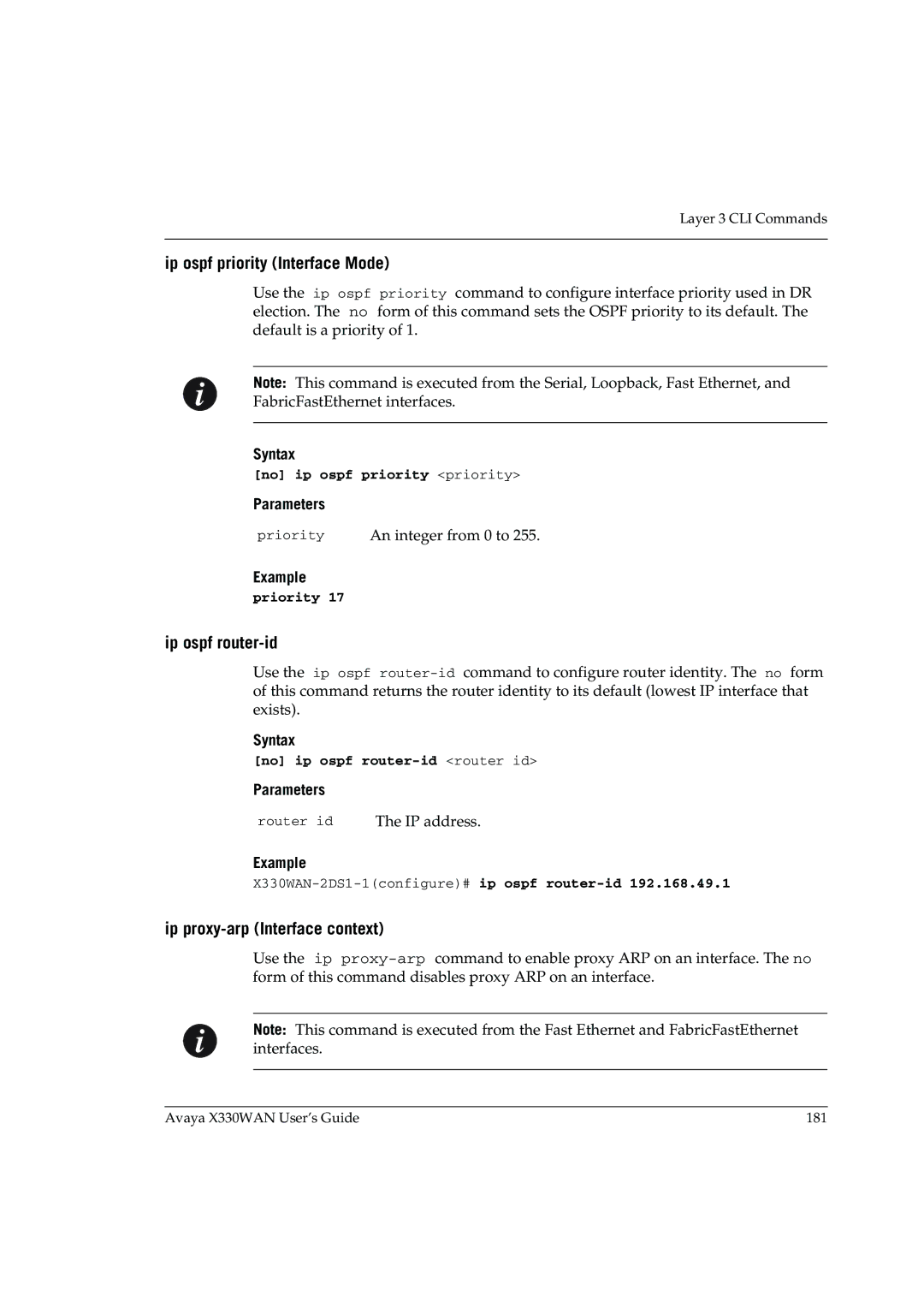 Avaya X330WAN manual Ip ospf priority Interface Mode, Ip ospf router-id, Ip proxy-arp Interface context 