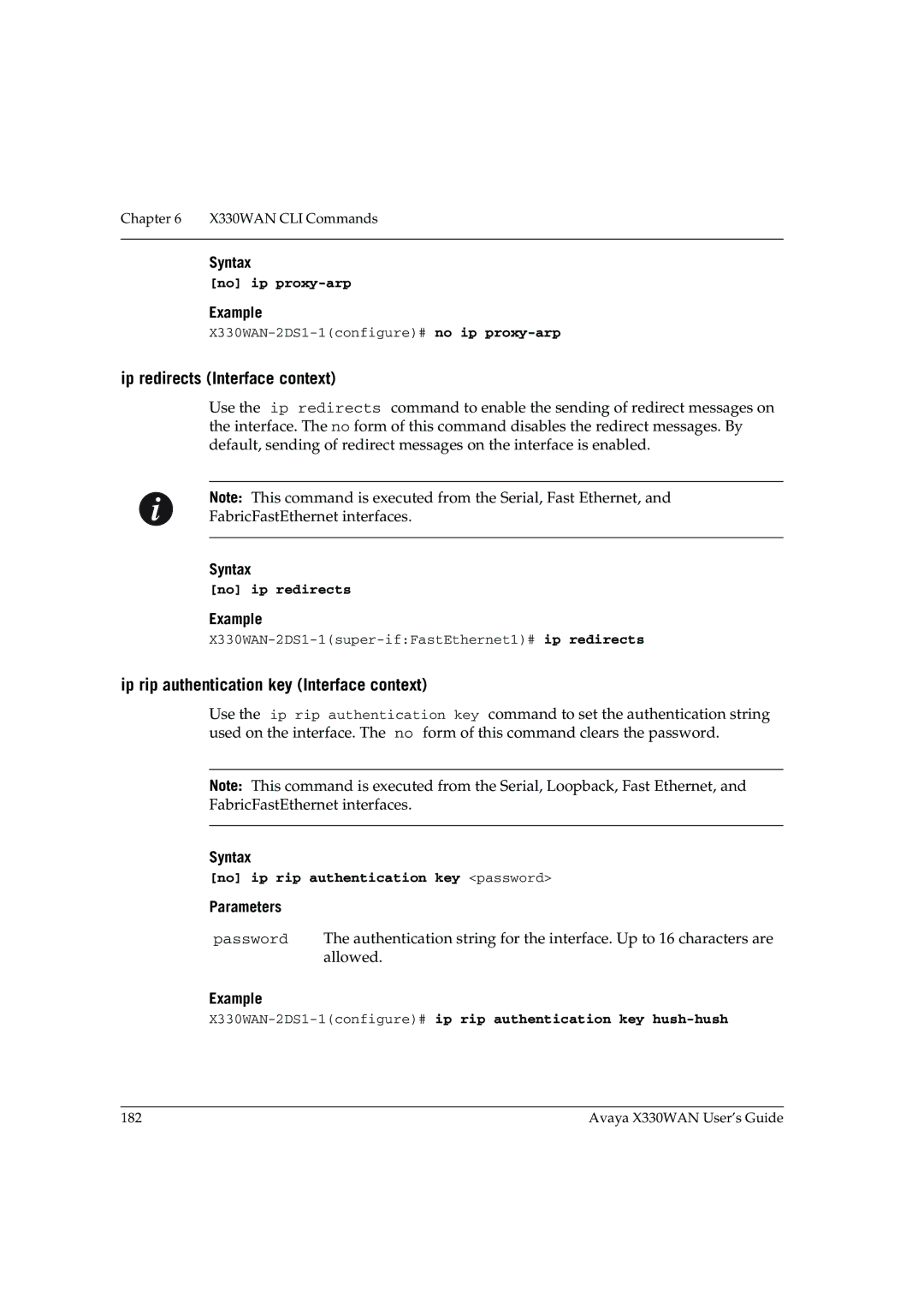 Avaya X330WAN manual Ip redirects Interface context, Ip rip authentication key Interface context 